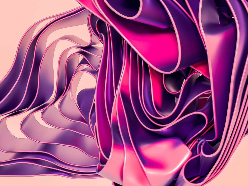 Abstract 3d rendering of flowing purple and pink ribbons with elegant