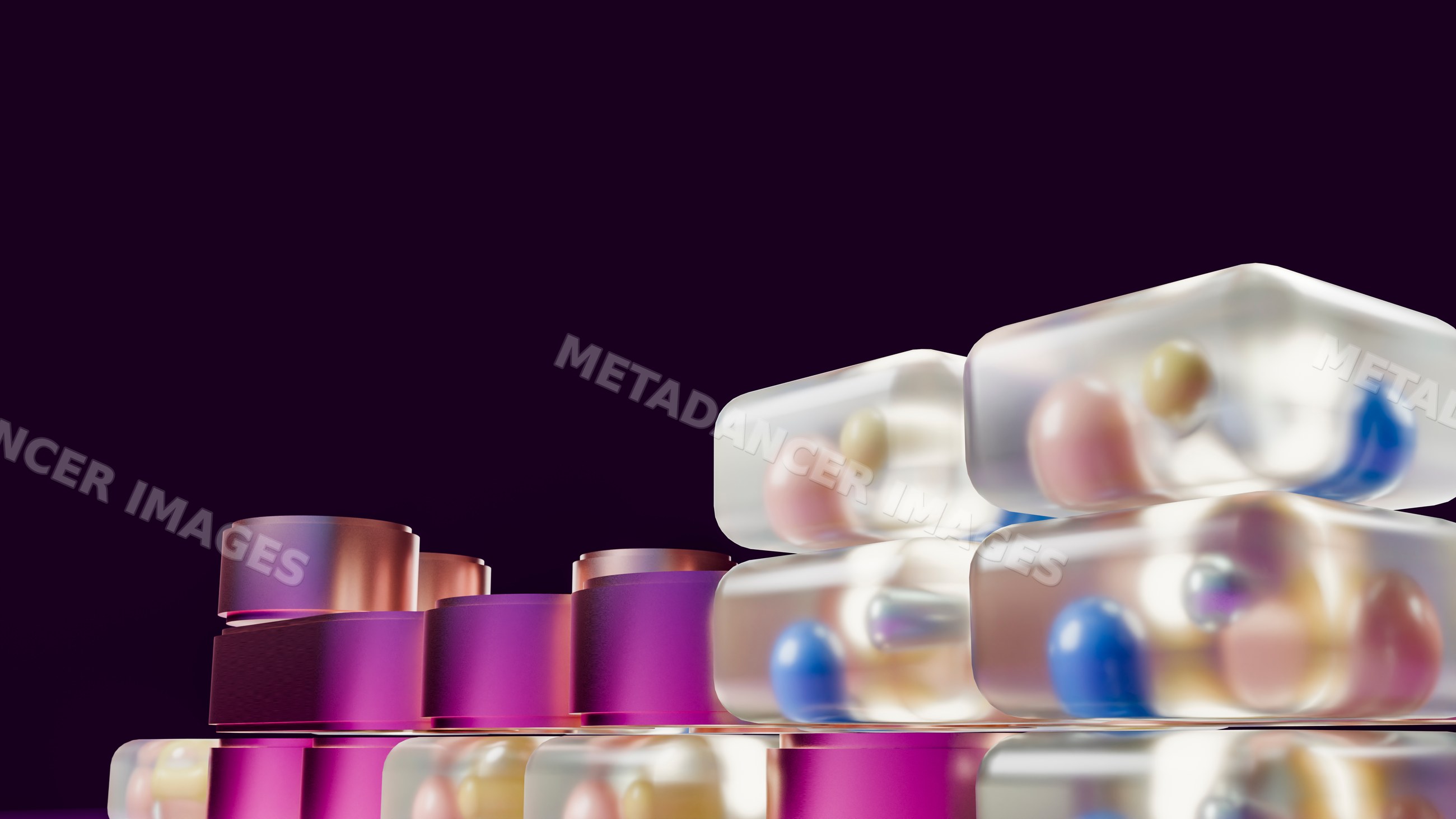 Stacked translucent pharmaceutical capsules with colorful pills