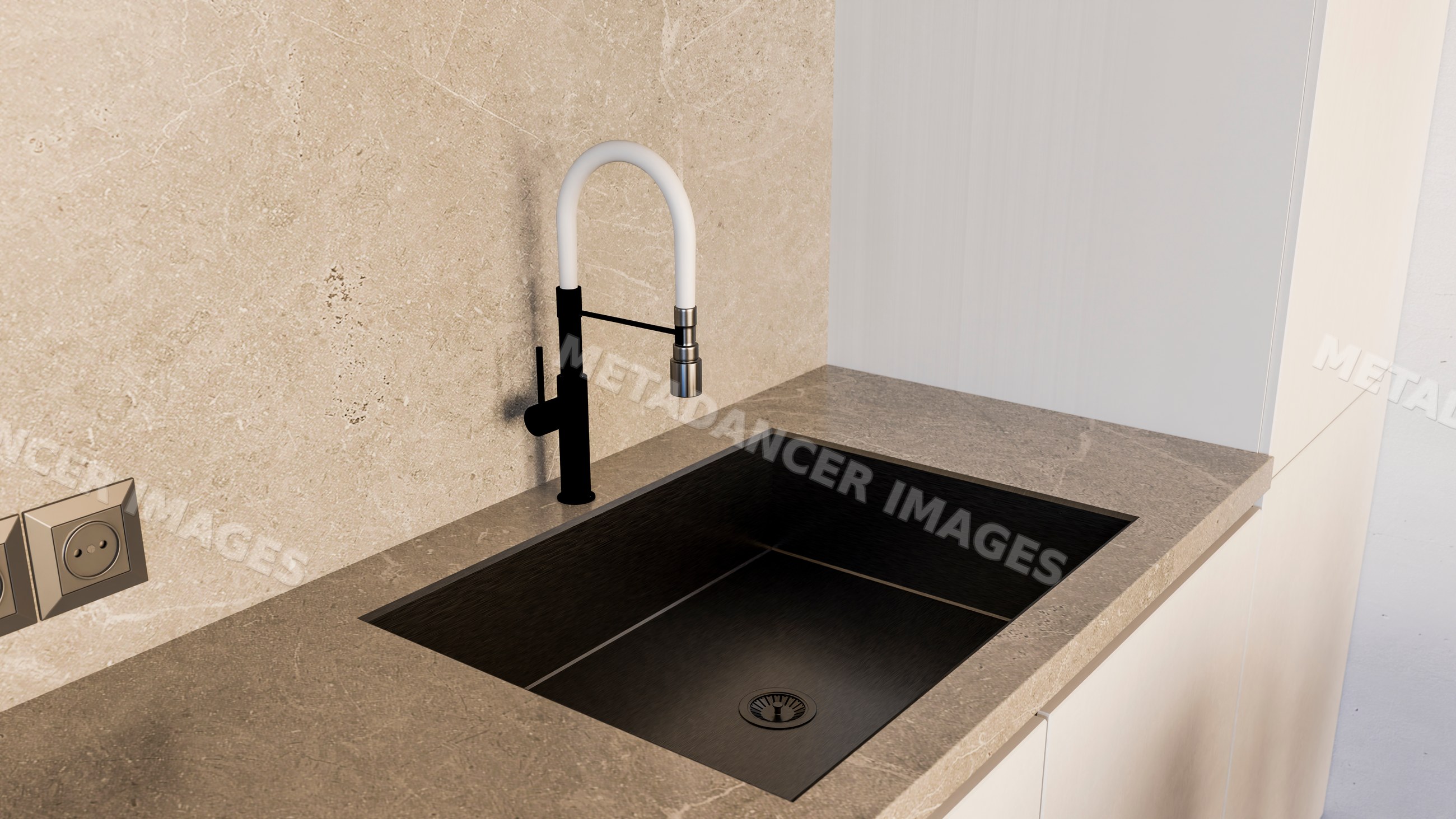 Modern kitchen sink with black basin and white curved faucet