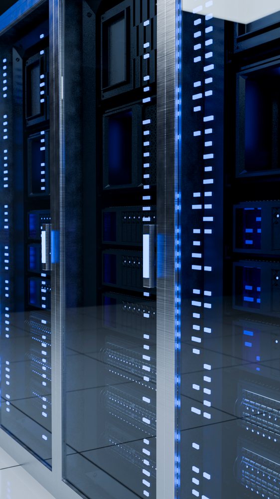 Server racks with blue led lights in data center server room