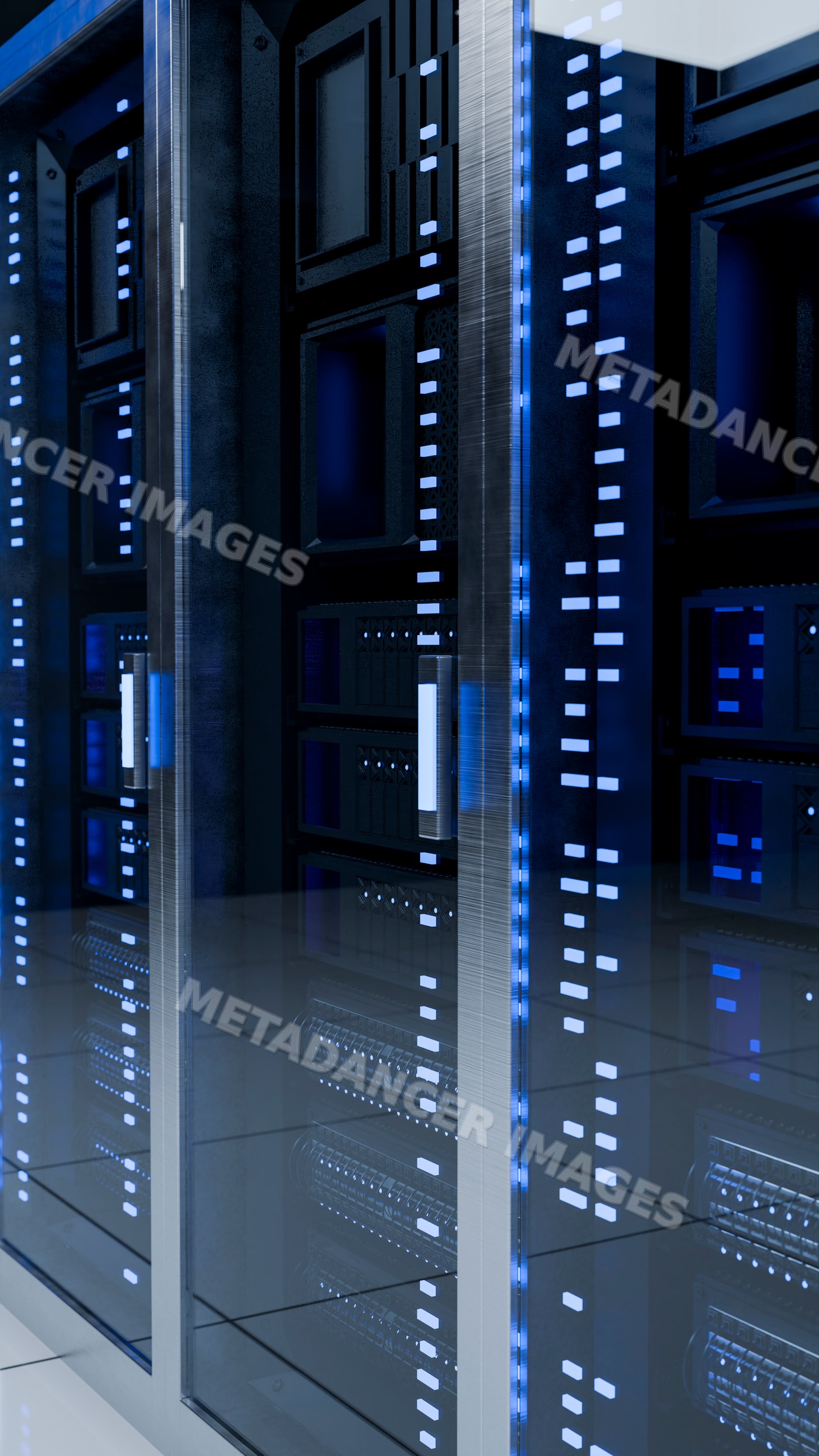 Server racks with blue led lights in data center server room