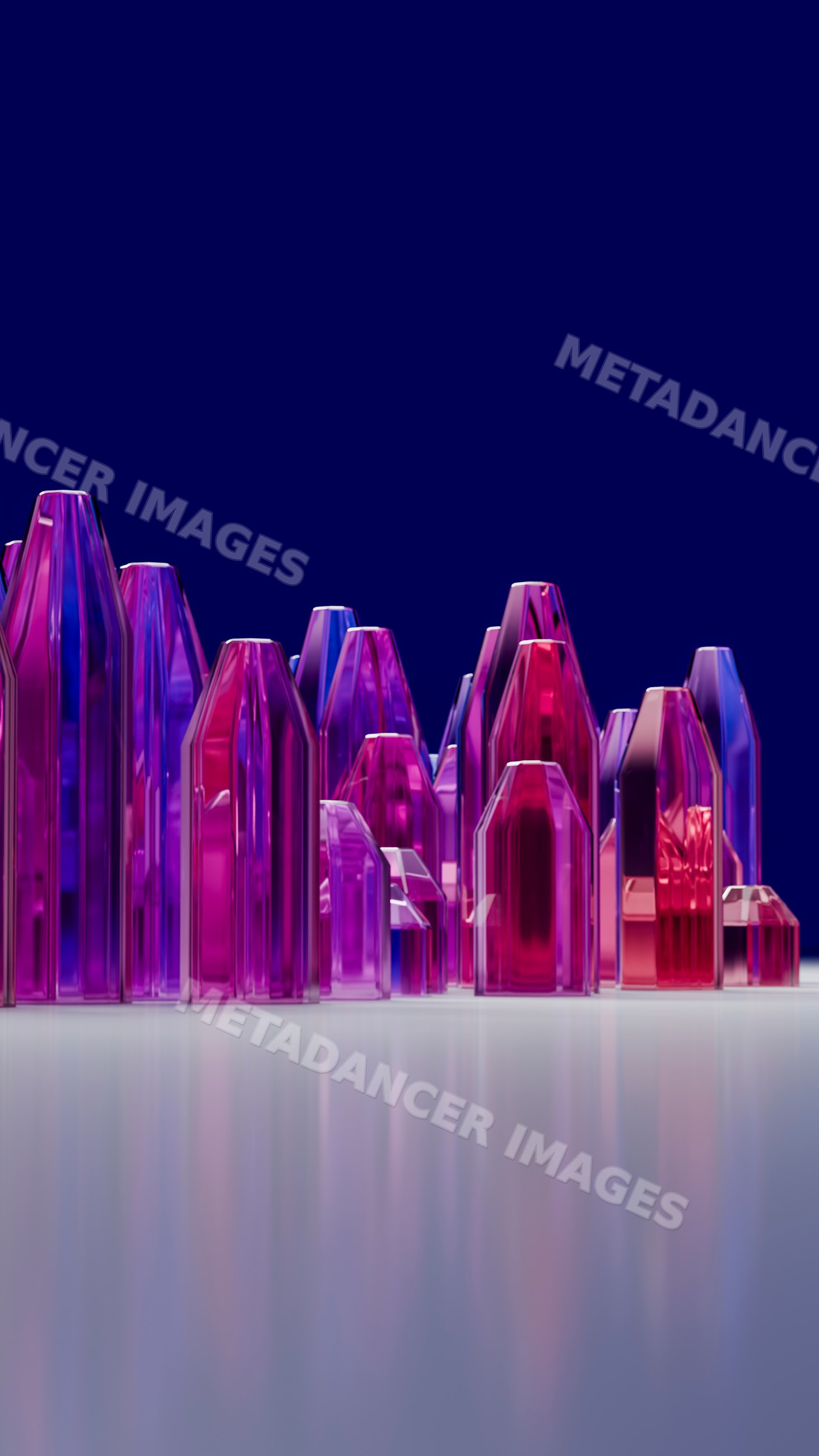 Cluster of colorful faceted crystals on reflective surface