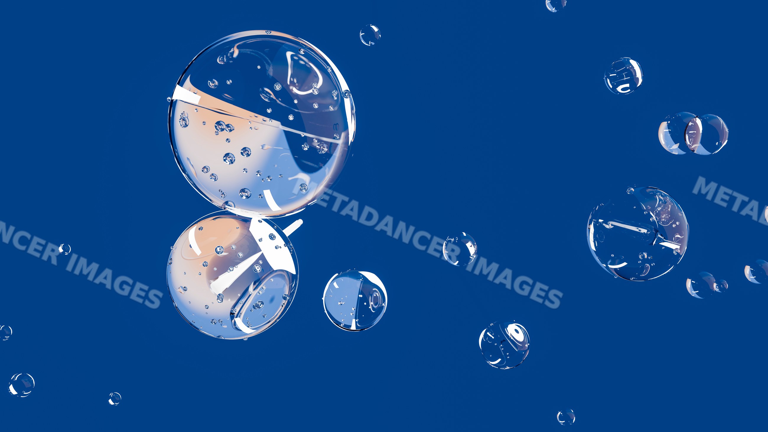 Transparent bubbles floating on a blue background with reflections