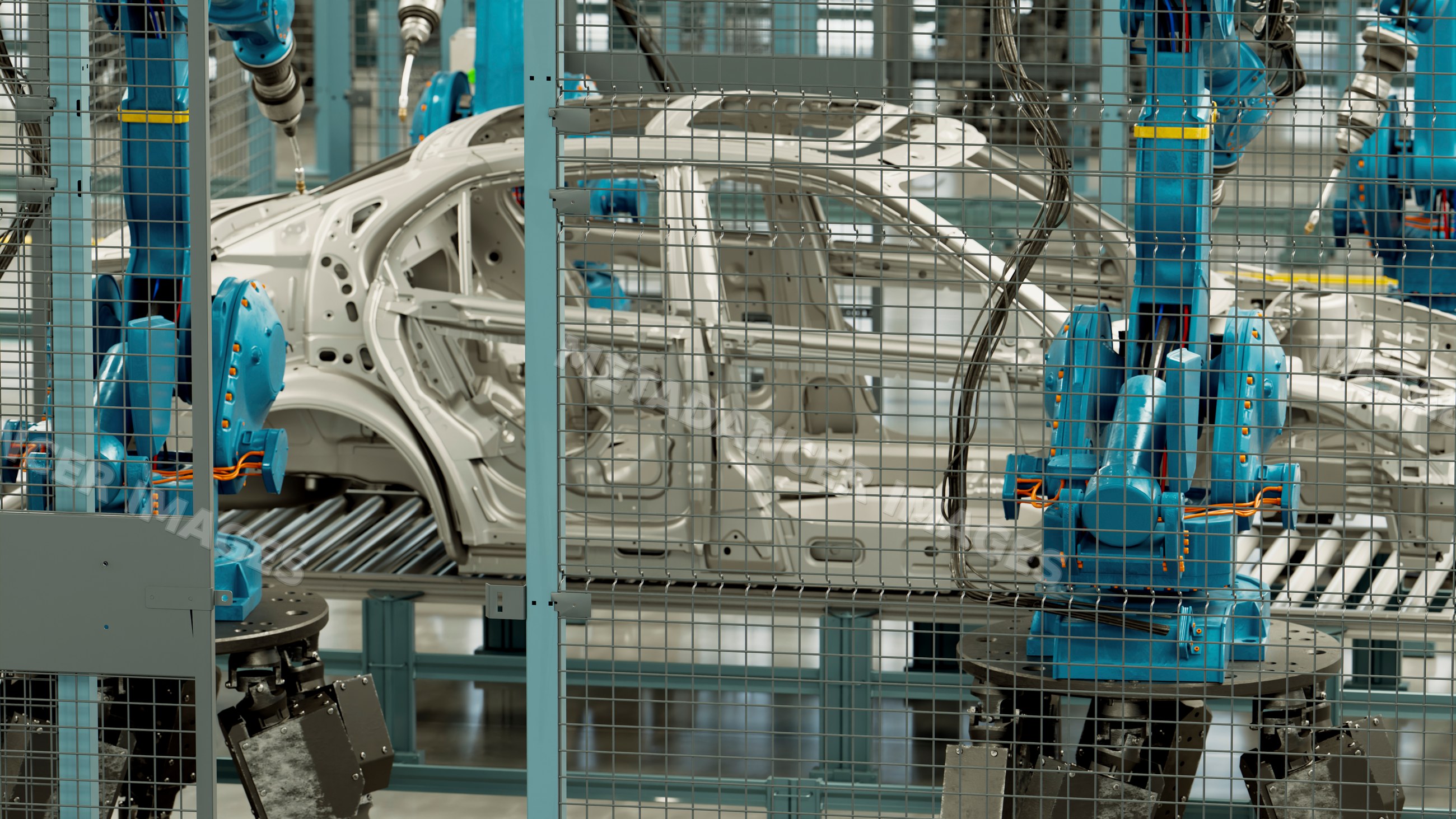 Car body frames on automated assembly line with robotic arms