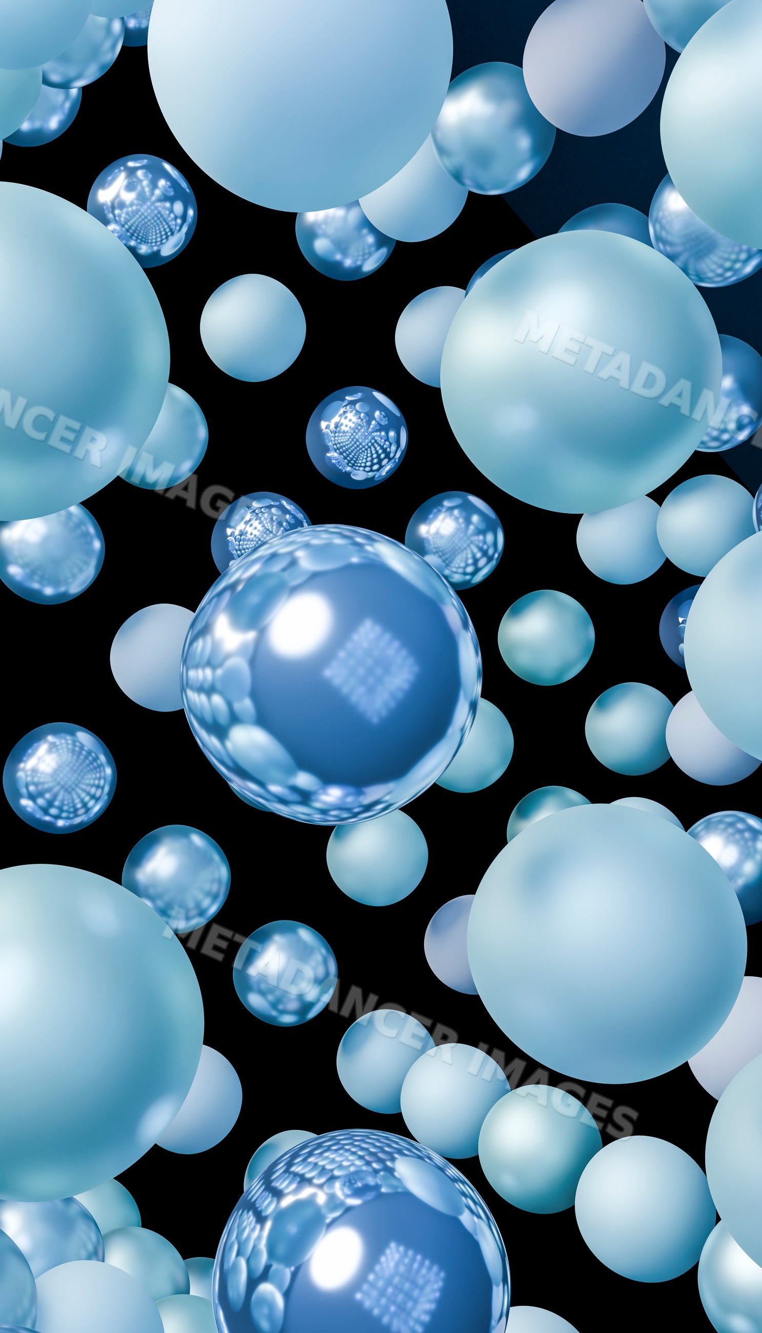 Digital 3d rendering of floating shiny and matte blue spheres