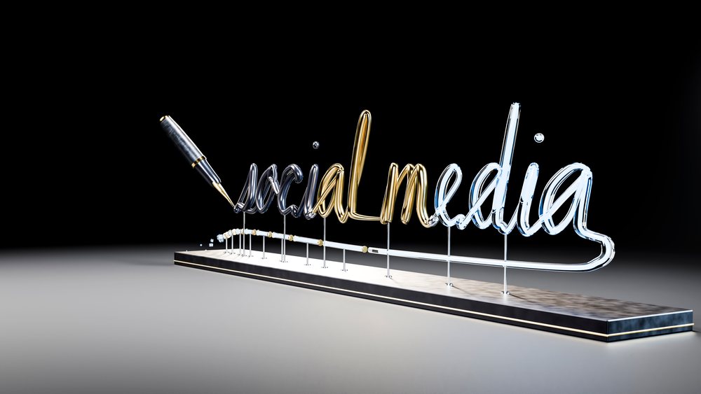 Neon glowing social media sign in modern studio setting