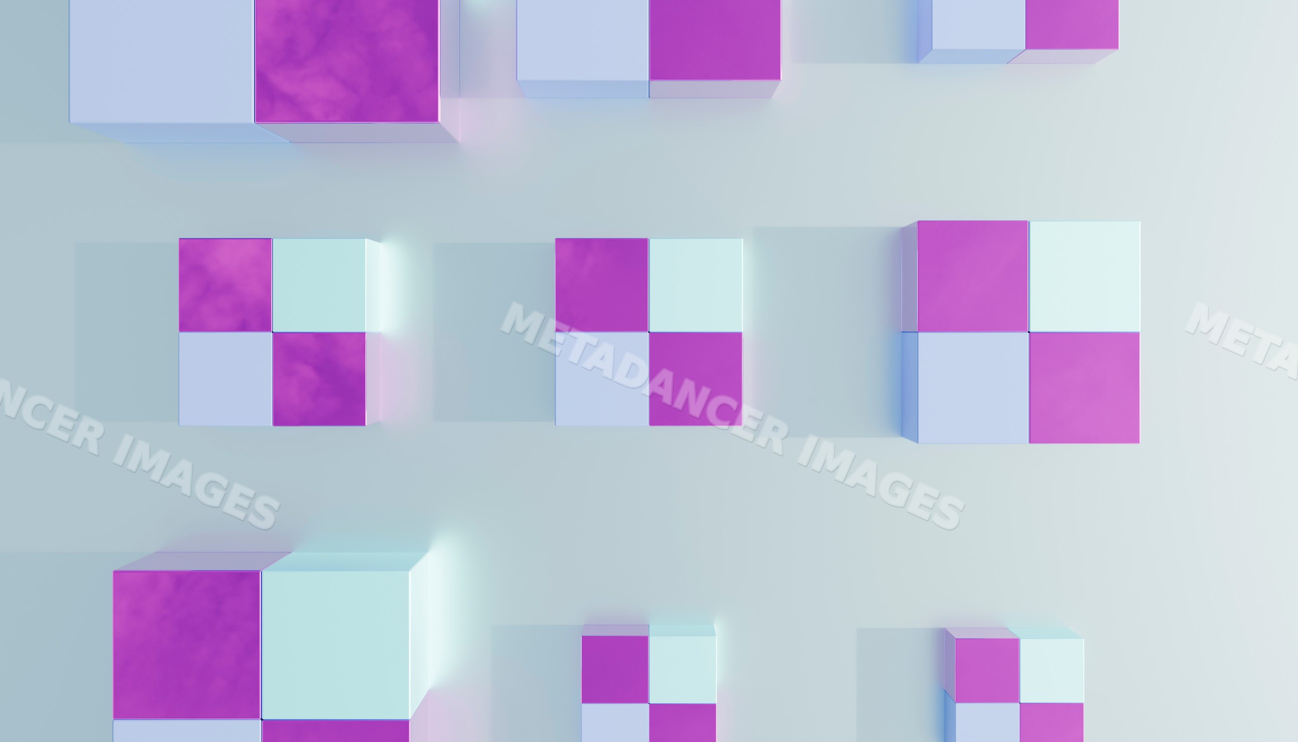 Top view of patterned purple and white 3d cubes arranged in a grid