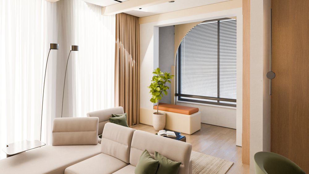 Modern living room with beige sofa and potted plant