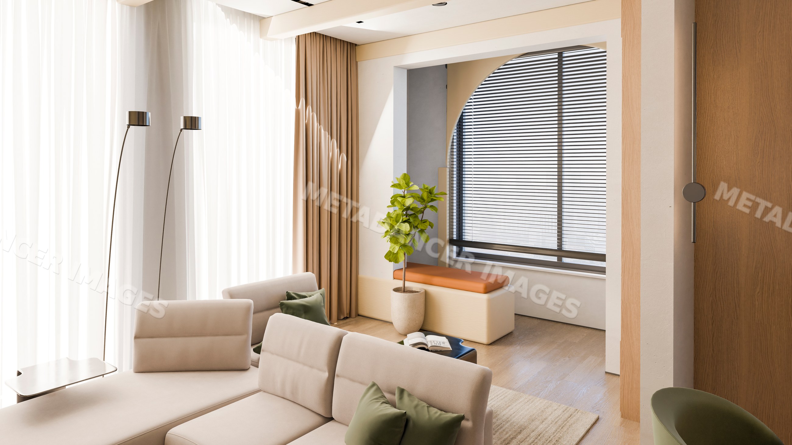 Modern living room with beige sofa and potted plant