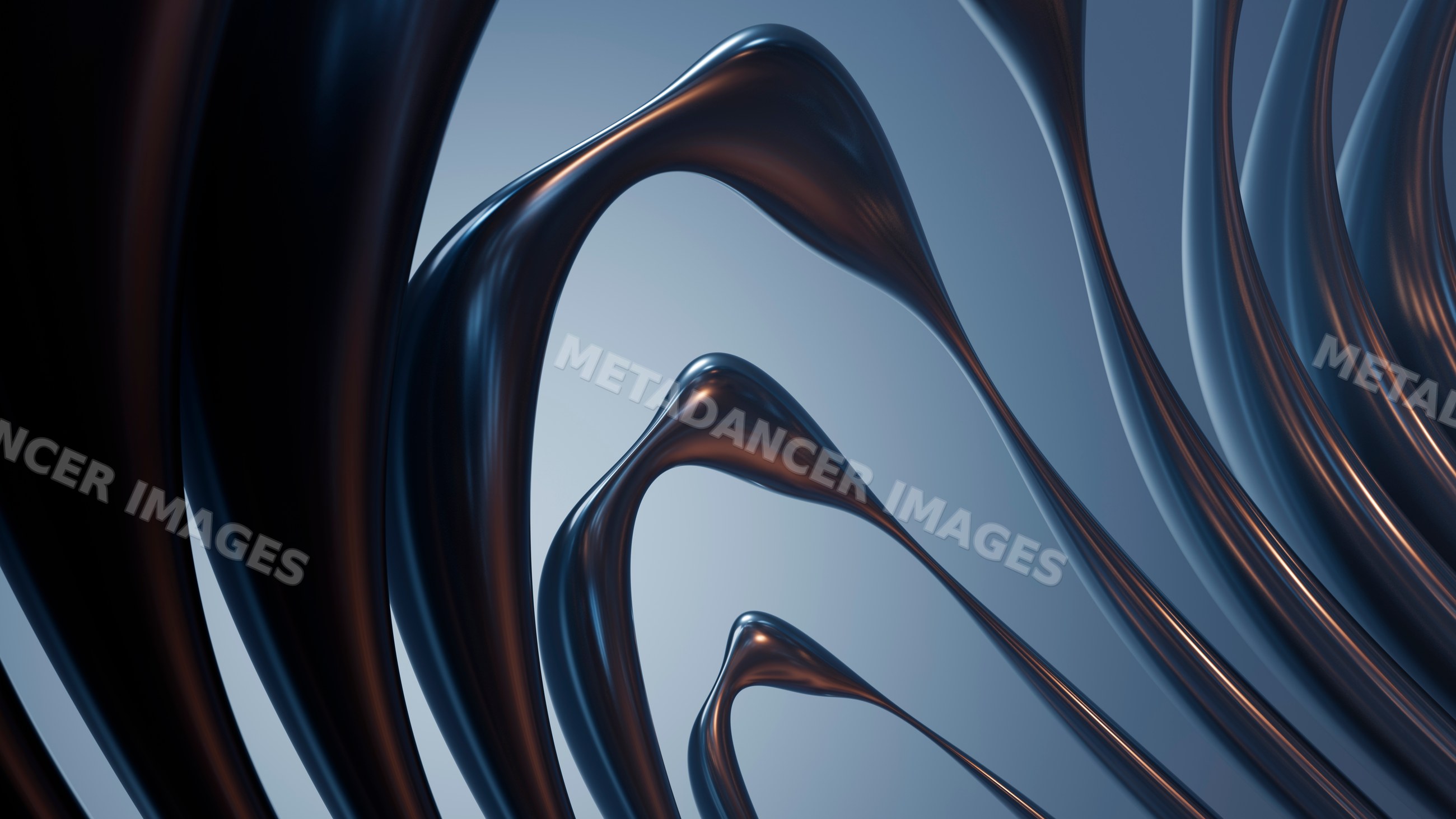 Abstract smooth metallic fluid curves forming wave-like shapes