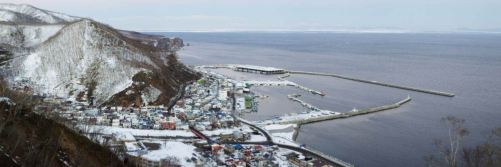 Fishing port and snowy coastal town, hokkaido, japan