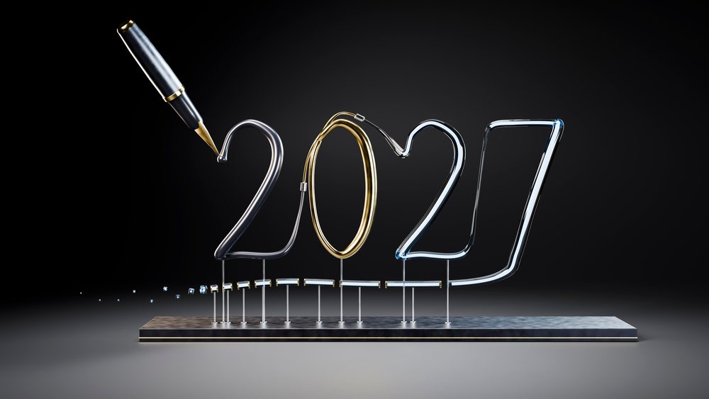 Metallic 3d numbers 2027 being written by black and gold pen