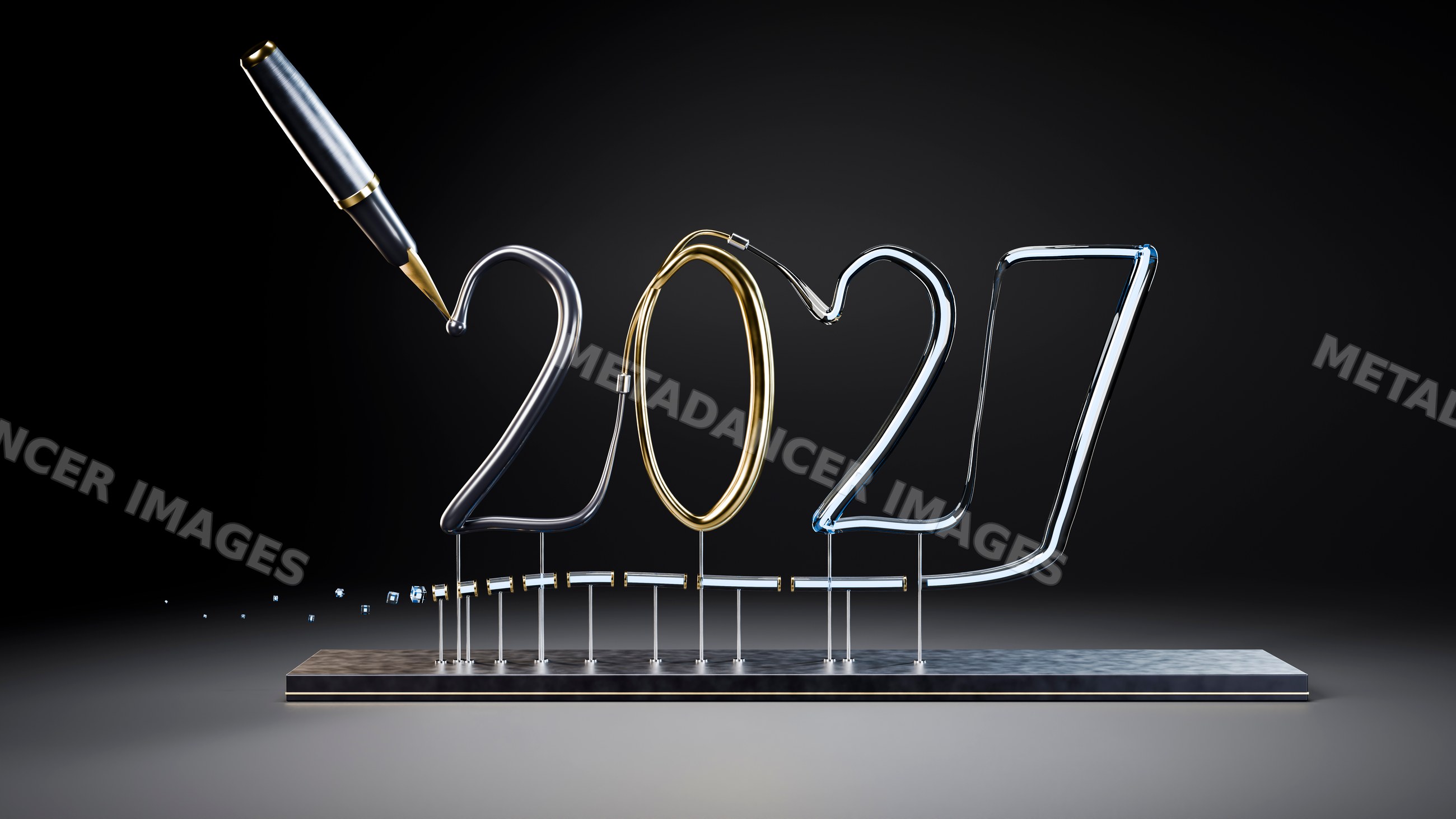 Metallic 3d numbers 2027 being written by black and gold pen