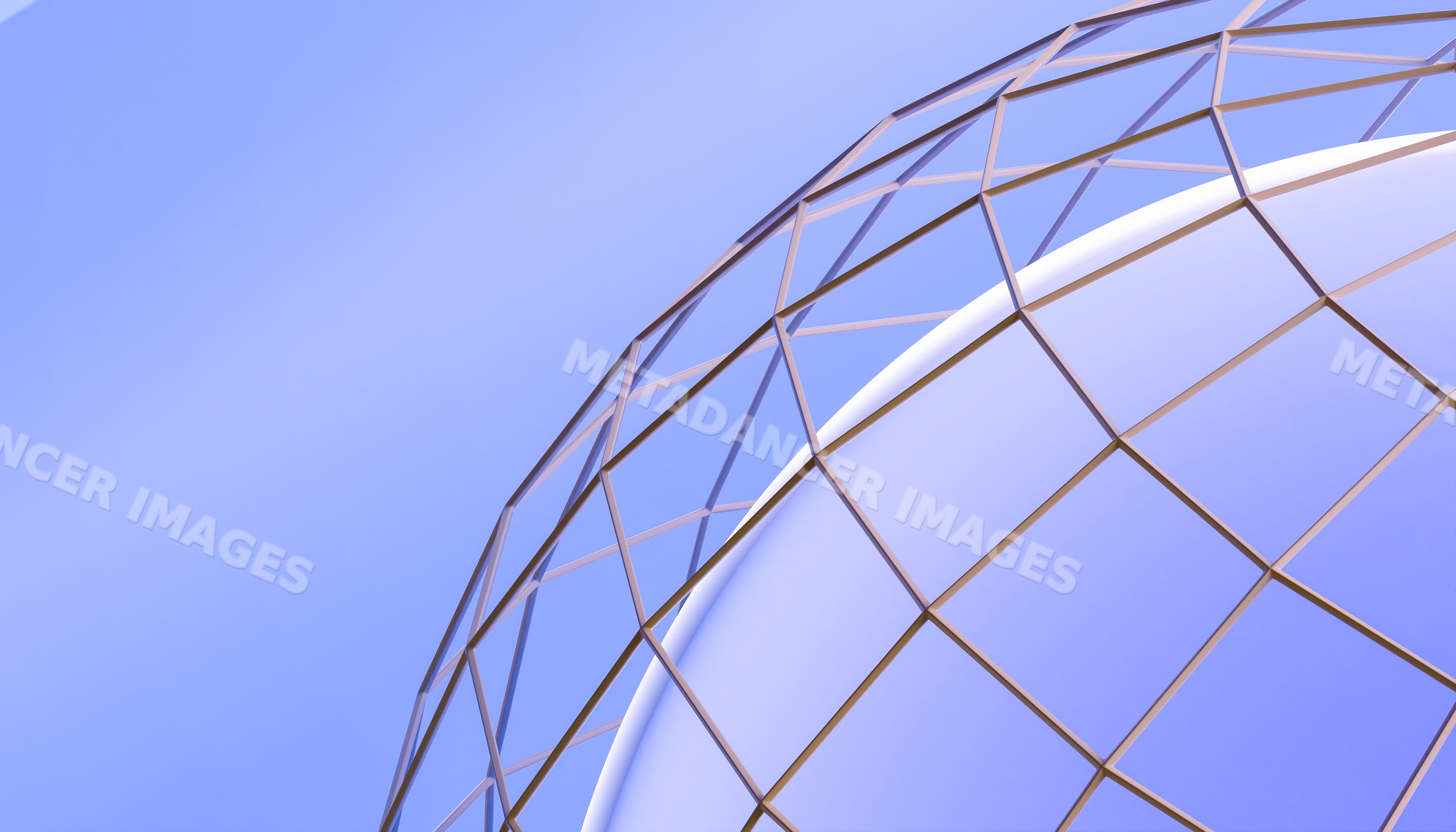 Abstract geometric 3d render with purple-blue sphere and lattice