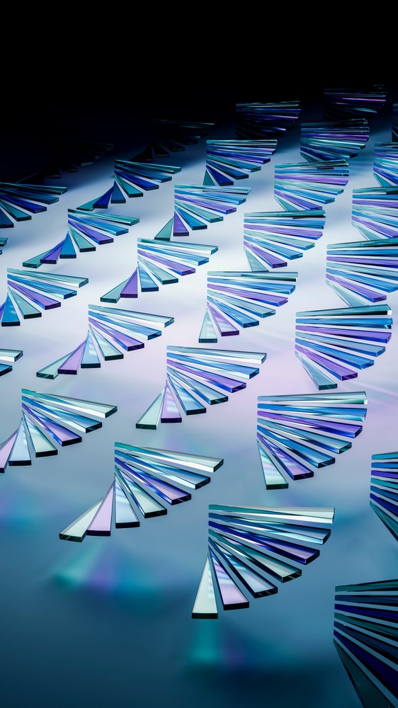 Abstract pattern of blue and purple triangular glass prisms