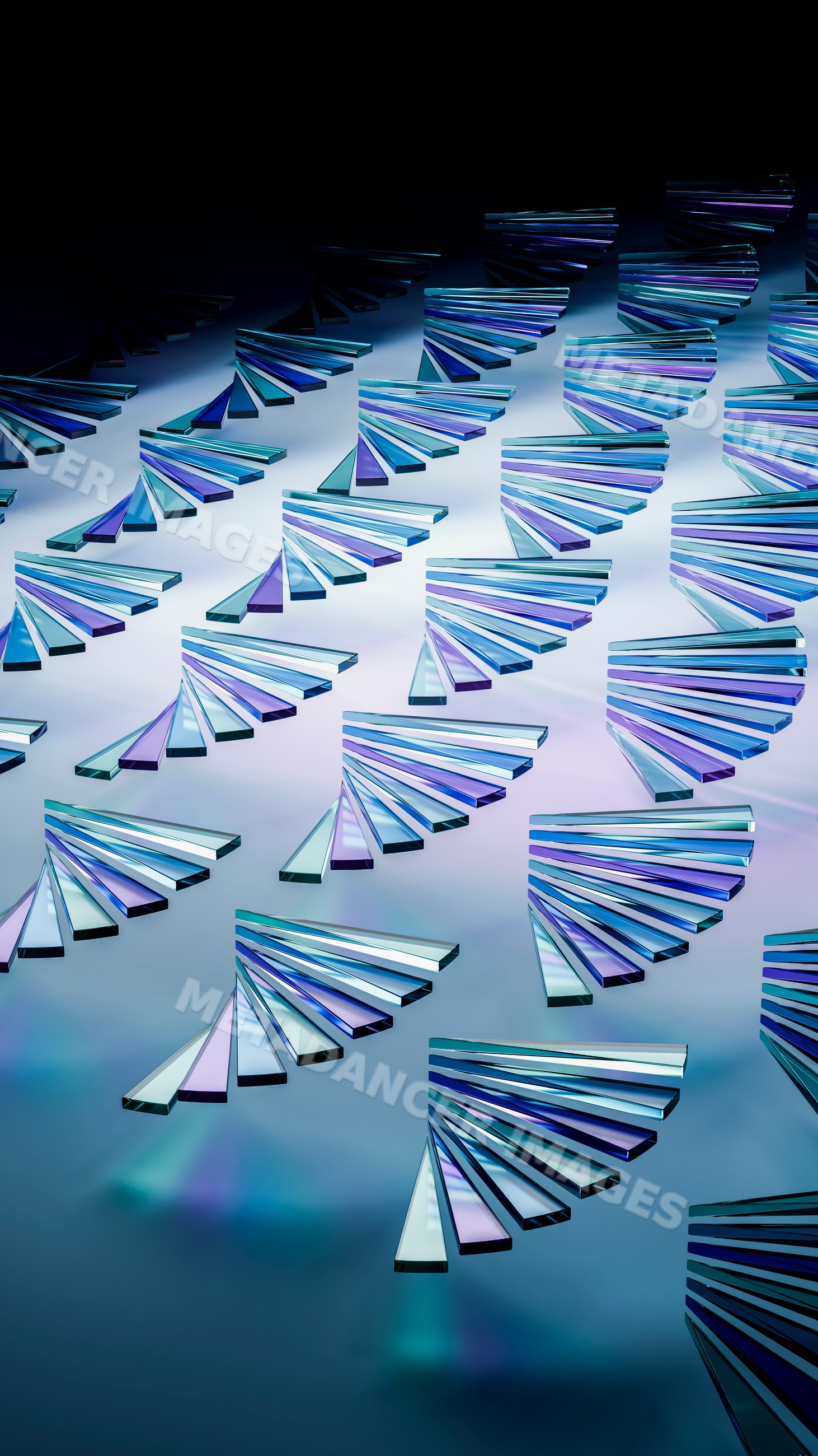 Abstract pattern of blue and purple triangular glass prisms