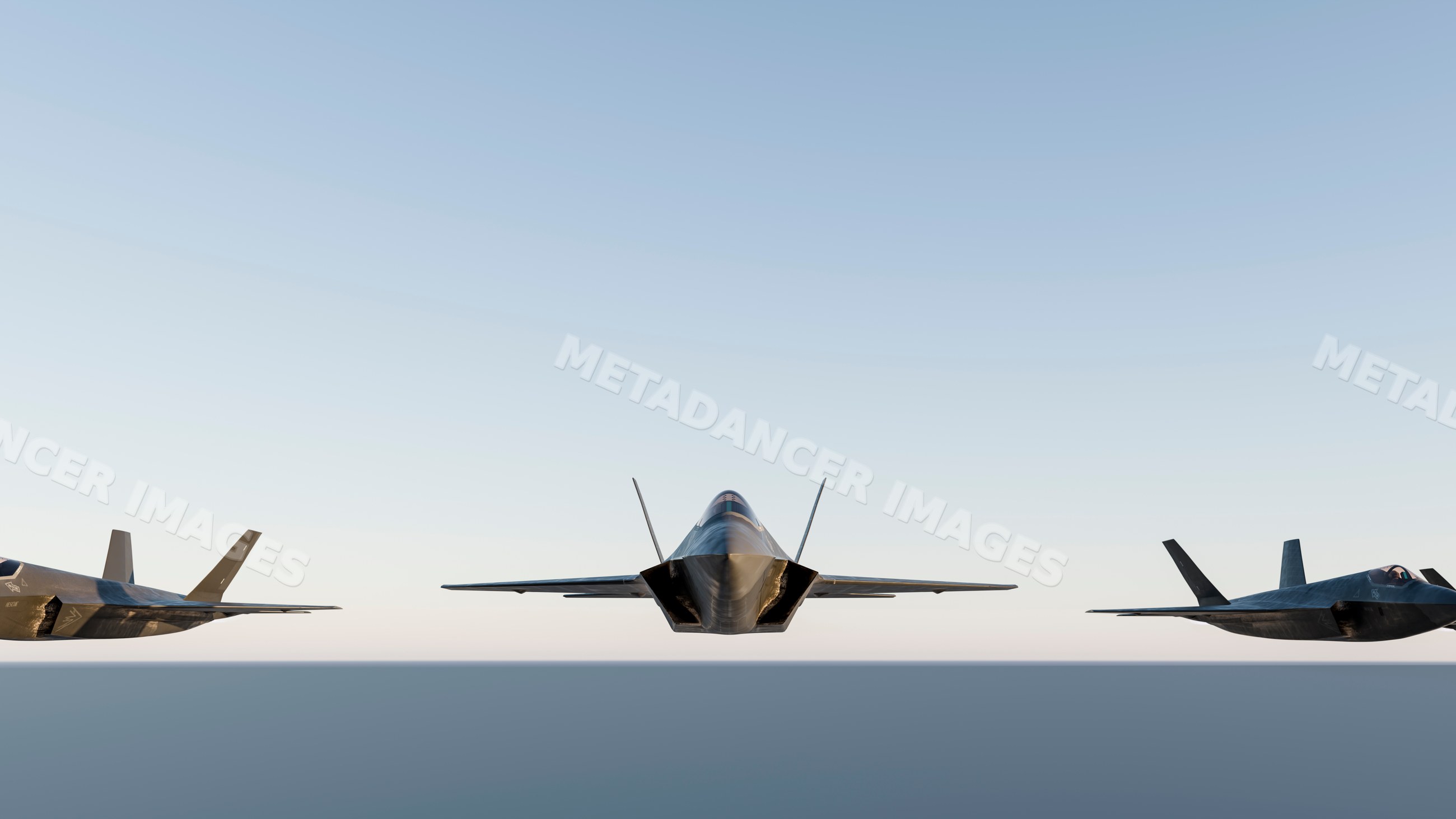 Military fighter jets flying in formation over open sky