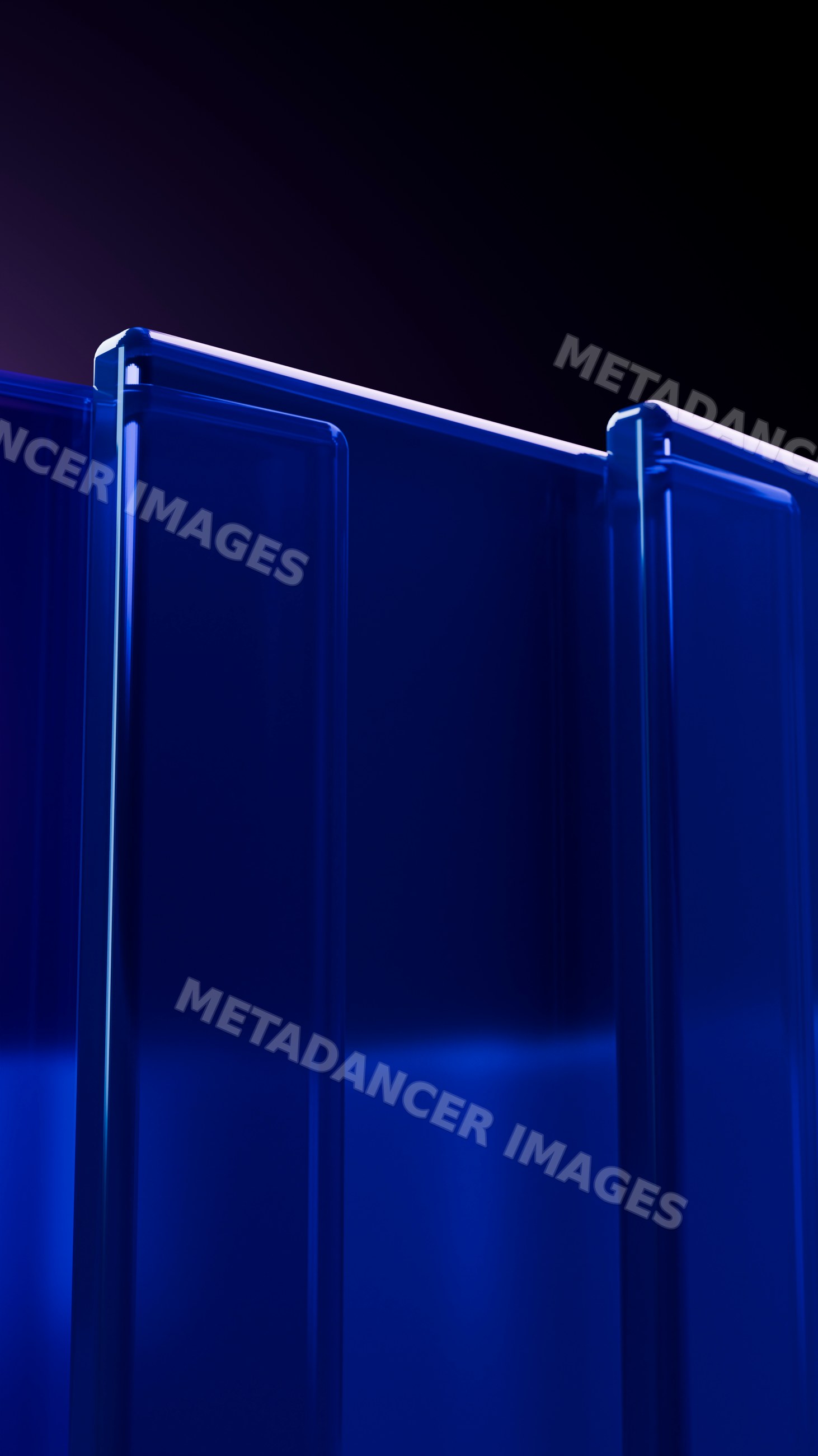 Blue transparent glass panels with illuminated edges in modern design