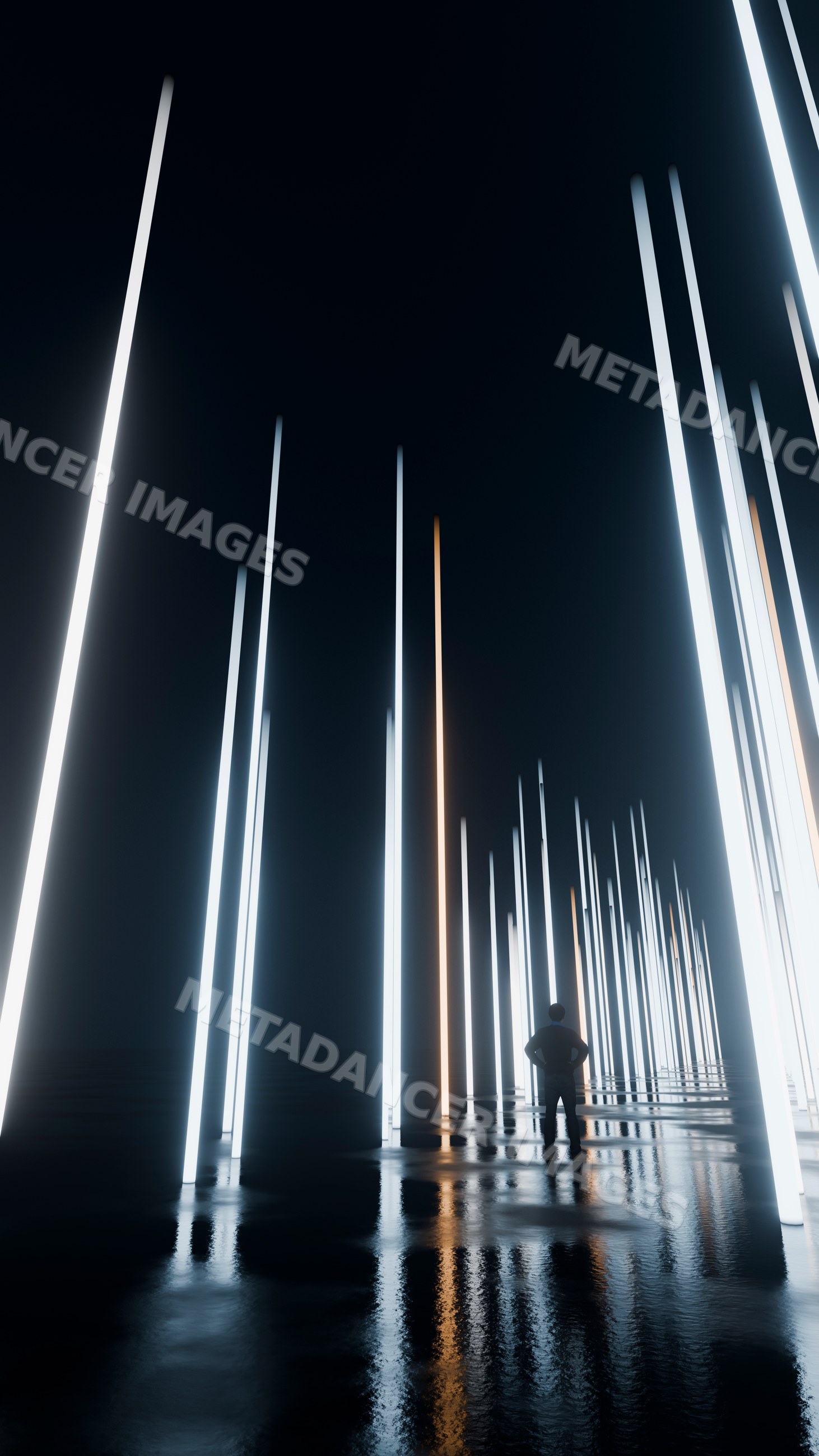 Man standing among glowing vertical light pillars at night