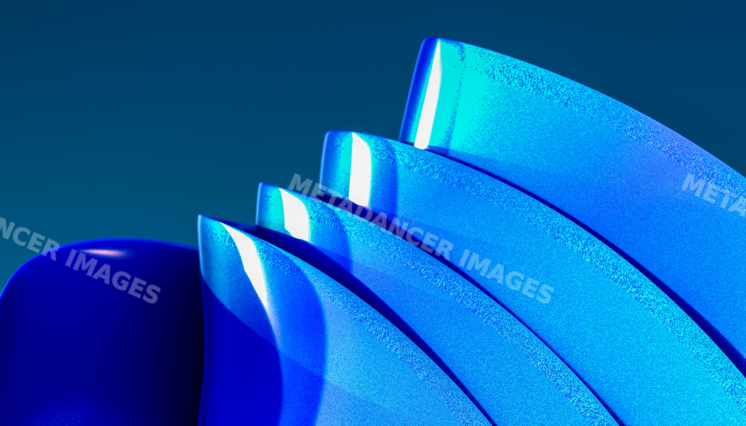 Blue curved abstract shapes with shiny textured surfaces