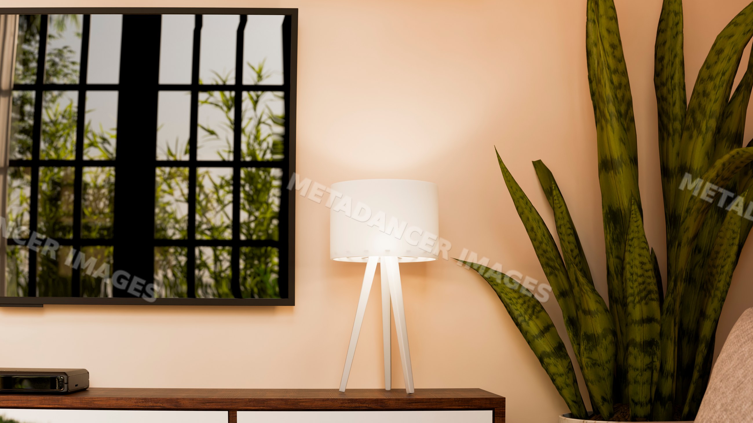 Table lamp with white shade beside snake plant in living room interior