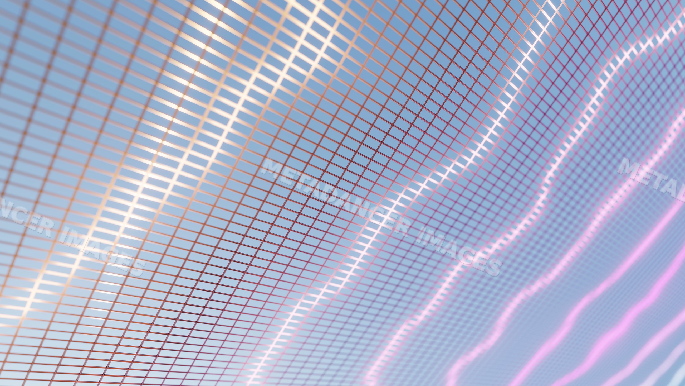 Curved digital grid with colorful wave lines and mesh design