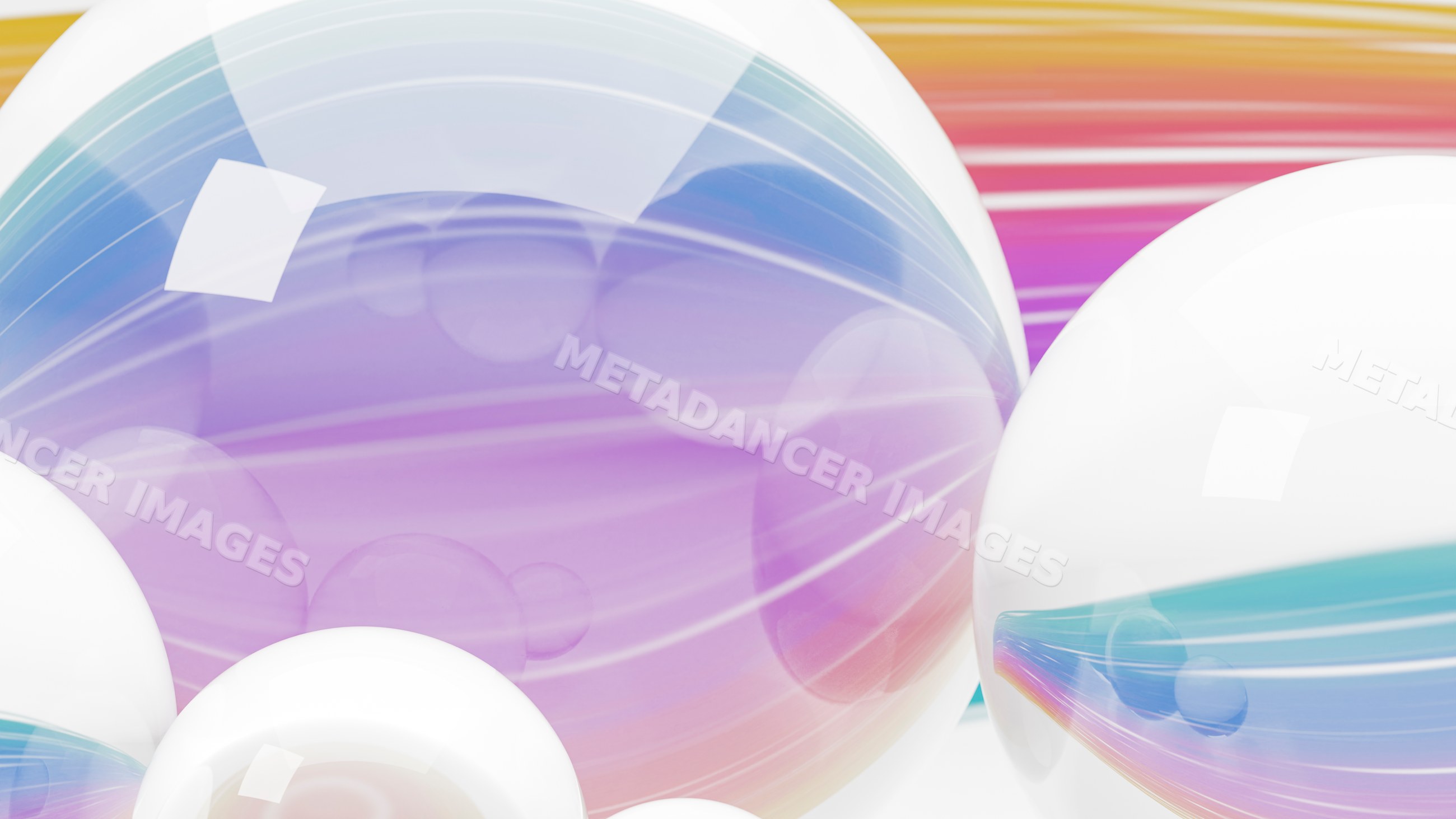 Glass and white spheres reflecting colorful abstract light patterns