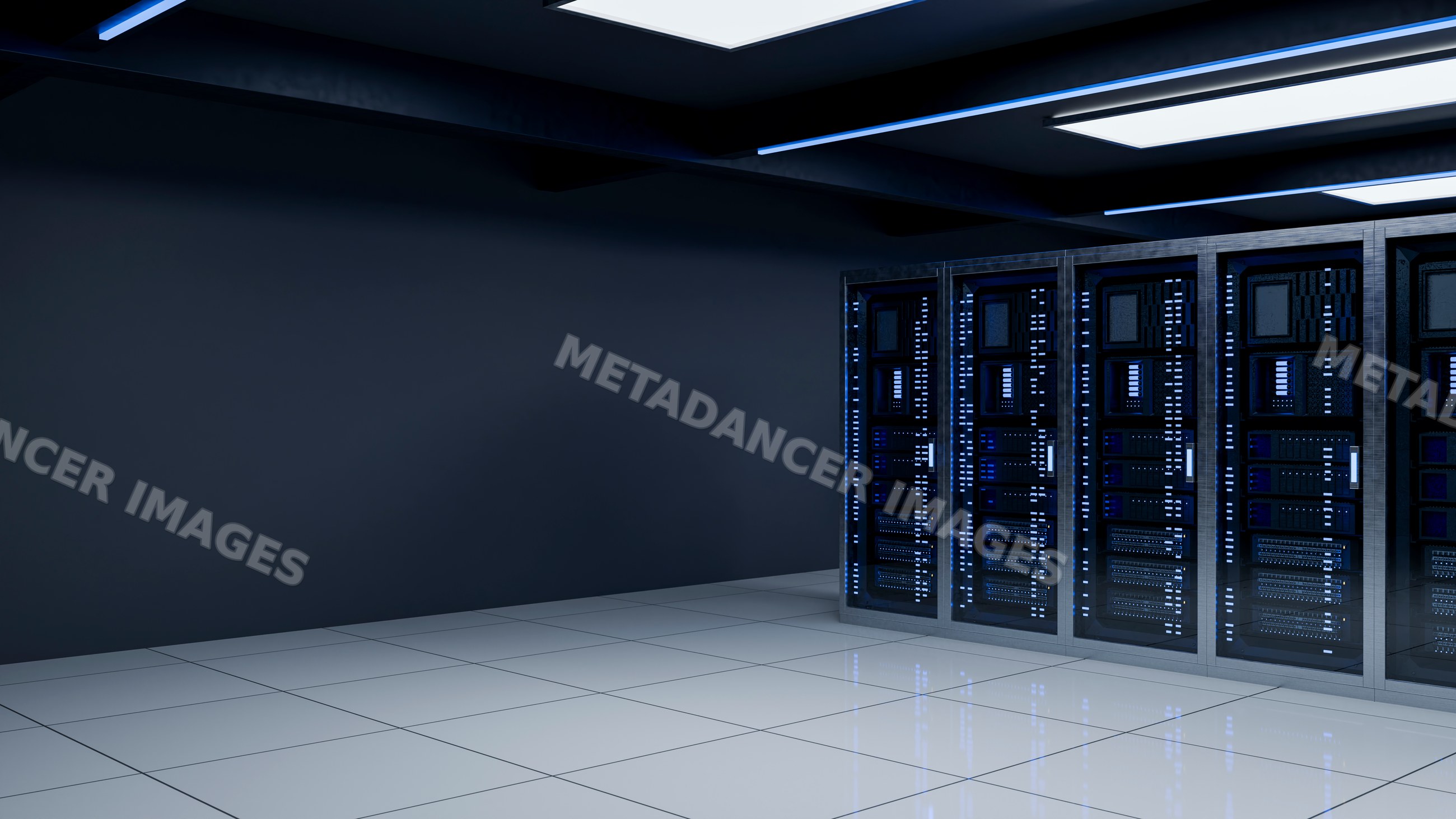 Server racks with blue lights in modern data center room
