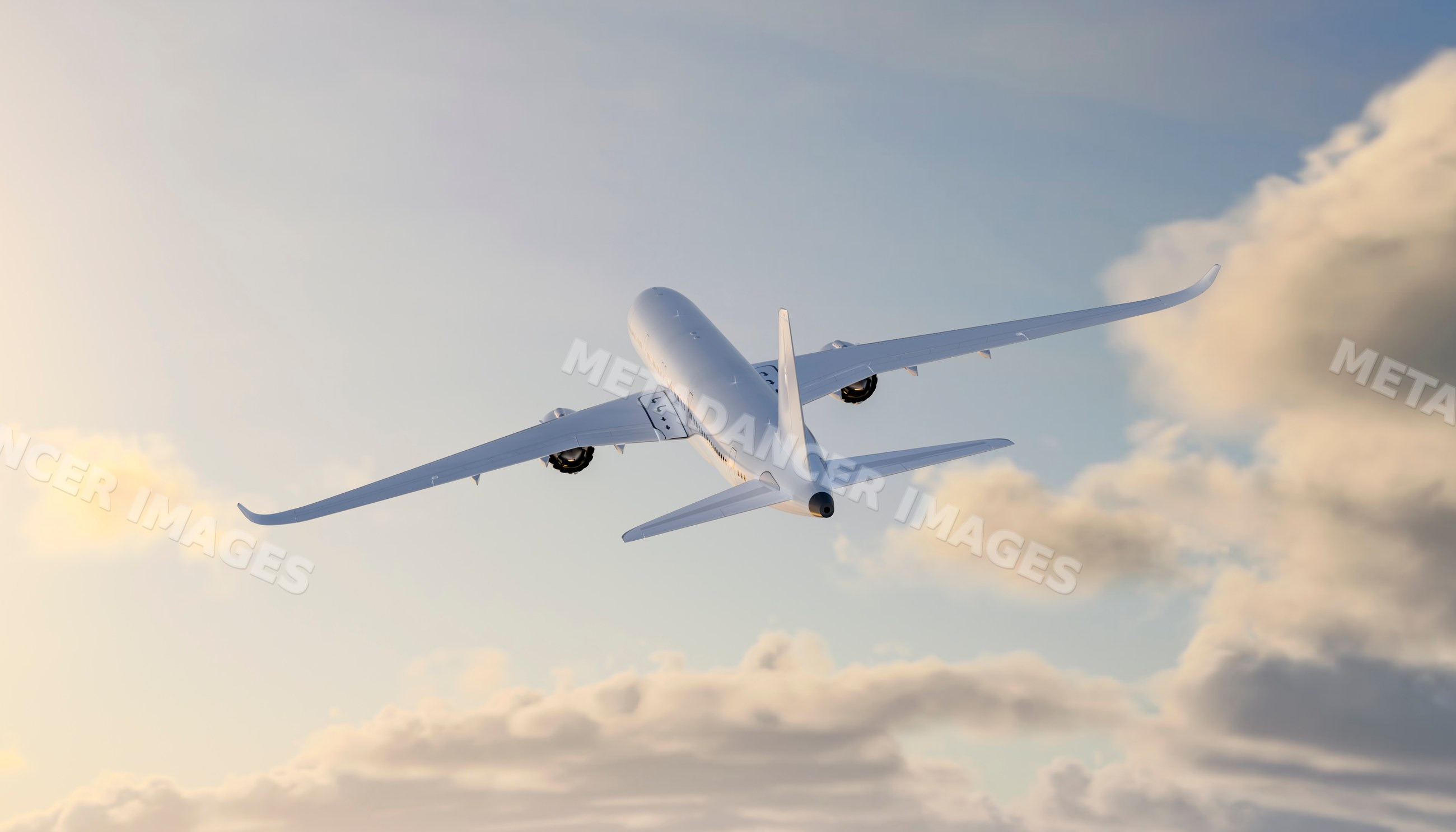 An airplane flying through the sky during a sunset flight