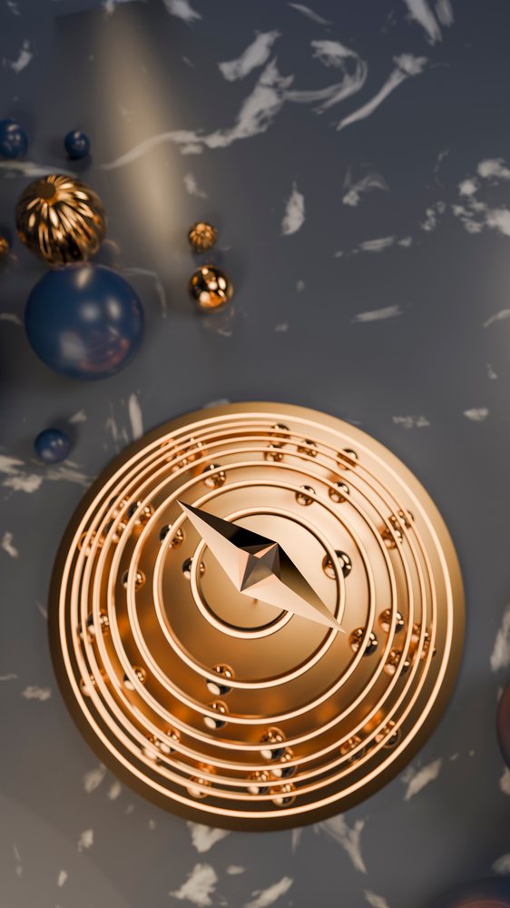 Metallic gold spiral rings with spheres in abstract digital art