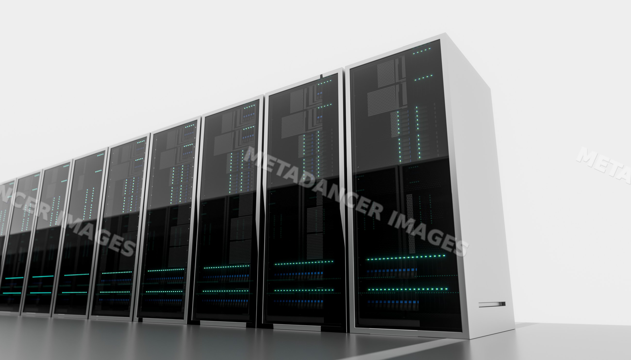A row of server racks in a data center with illuminated indicator