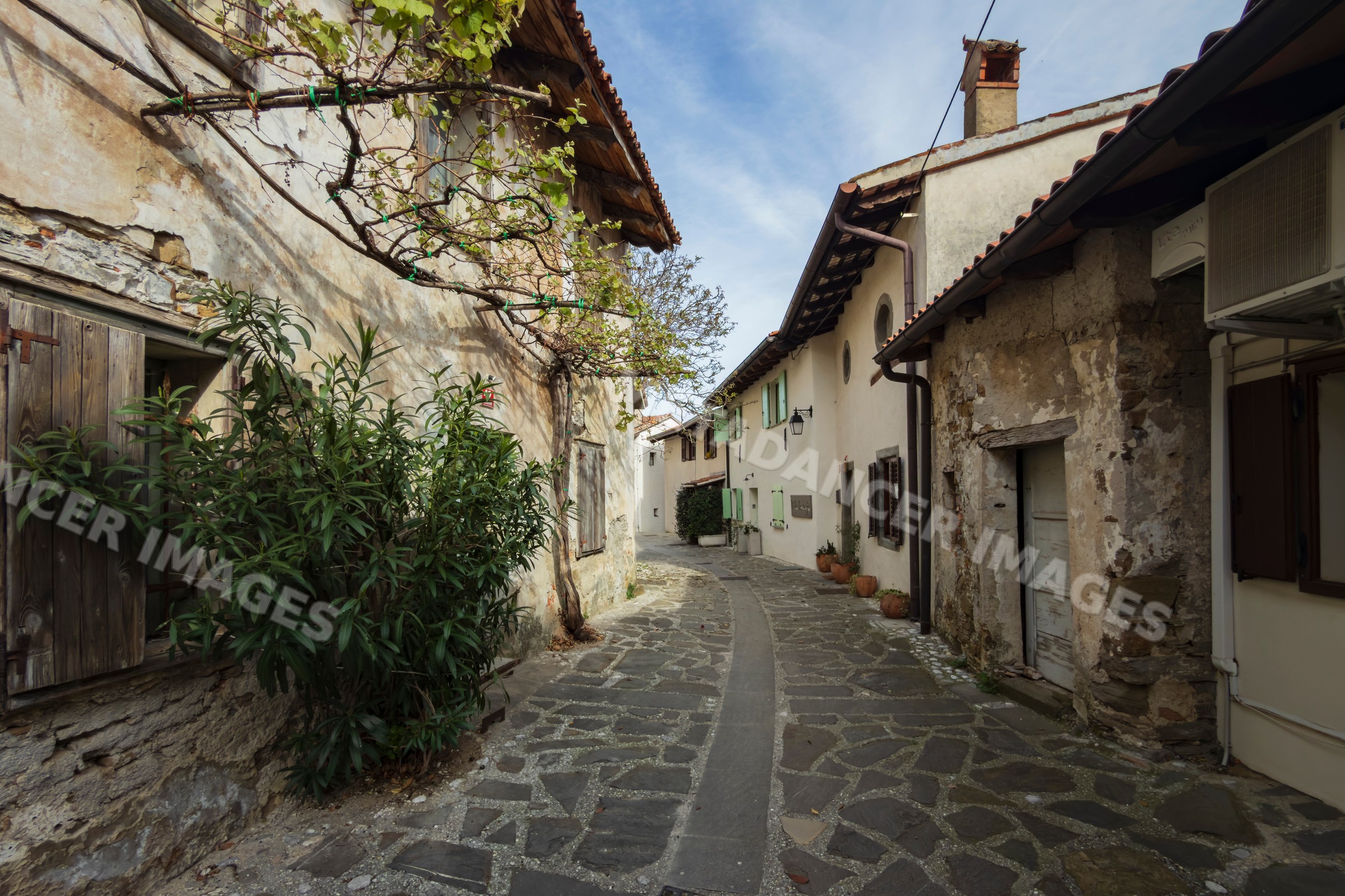 Narrow cobblestone street in historic šmartno village Slovenia