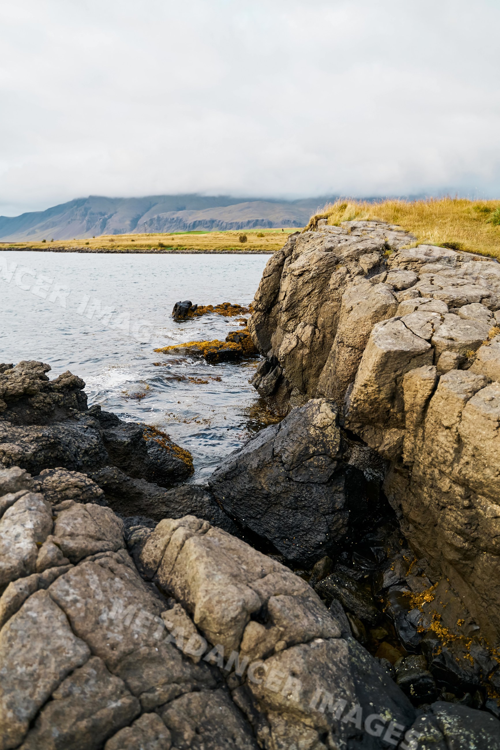 Rocky coastline with grass and mountains under cloudy sky