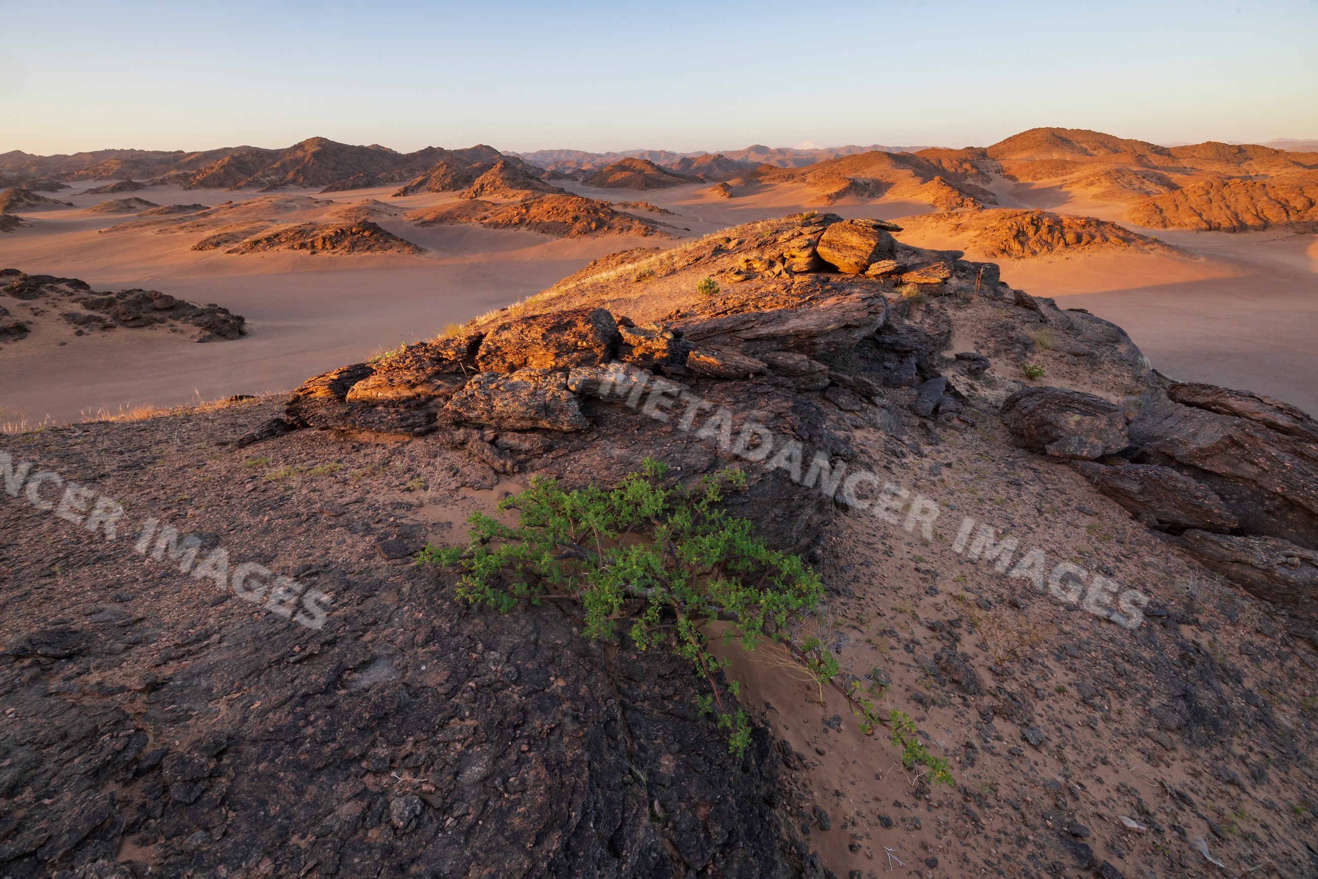Hoanib river valley desert landscape at Sunset in Namibia