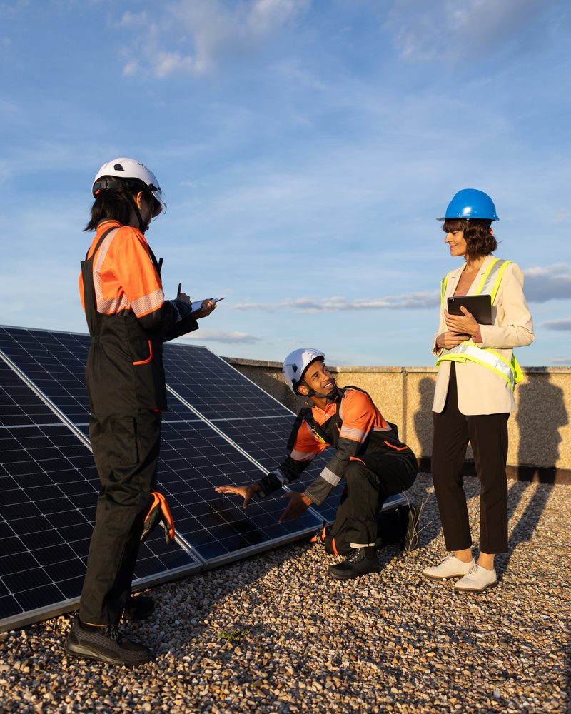 Technicians inspecting solar panels on rooftop in Madrid, Spain