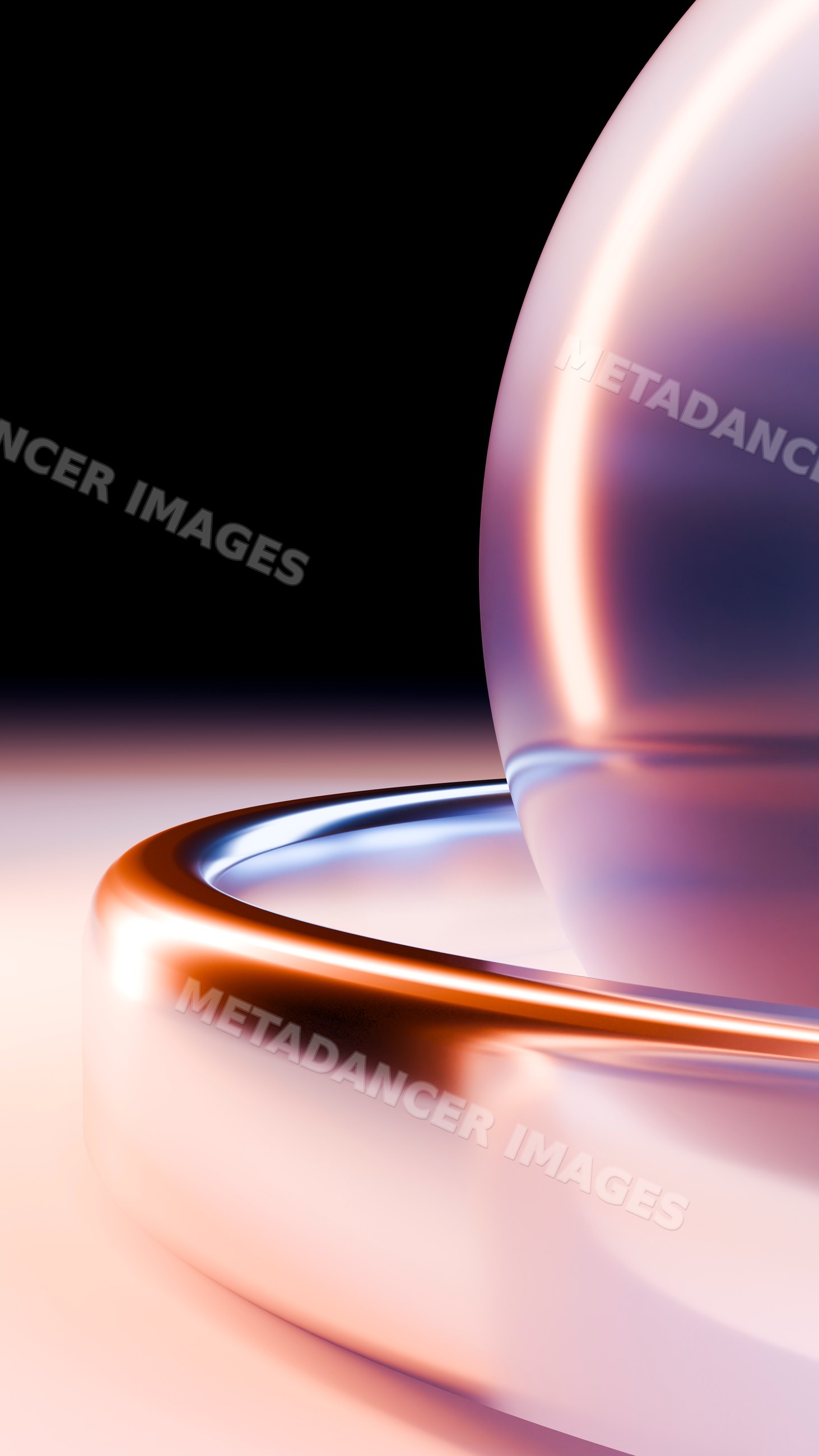 Abstract shiny metallic sphere resting on reflective metal ring