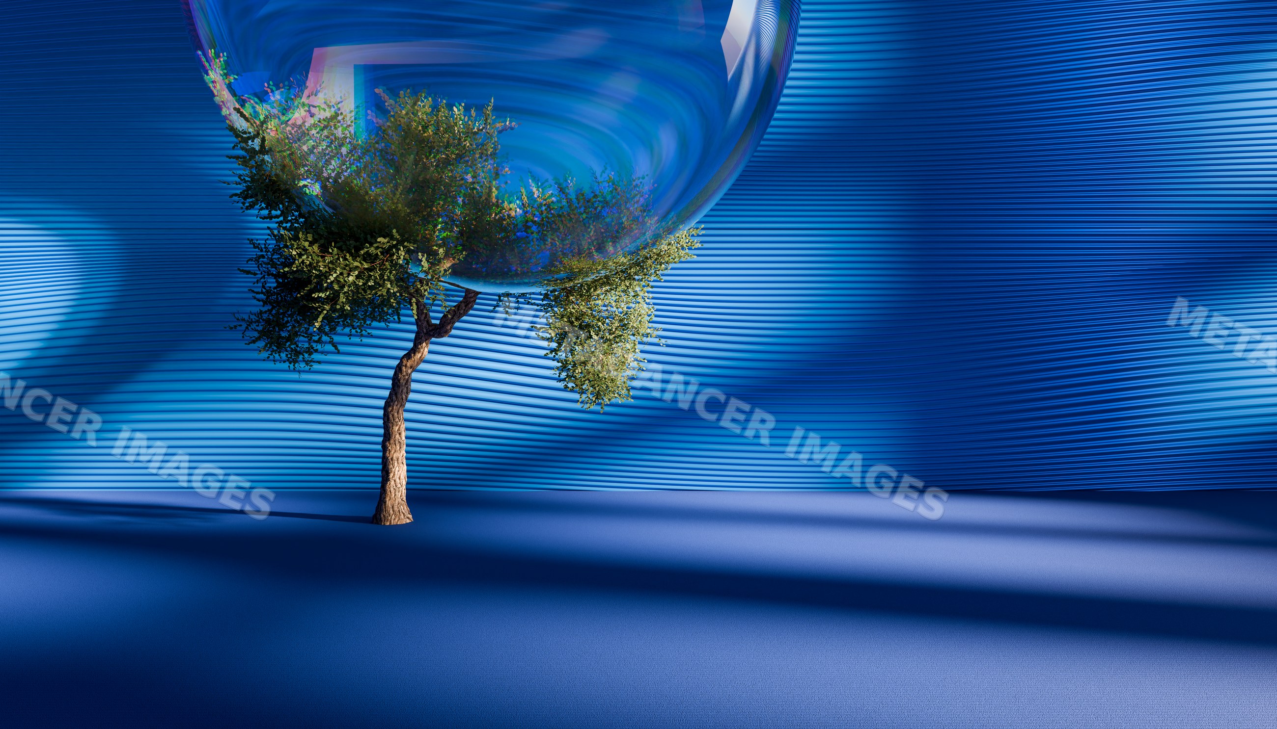 A single tree in a surreal indoor setting with a blue background
