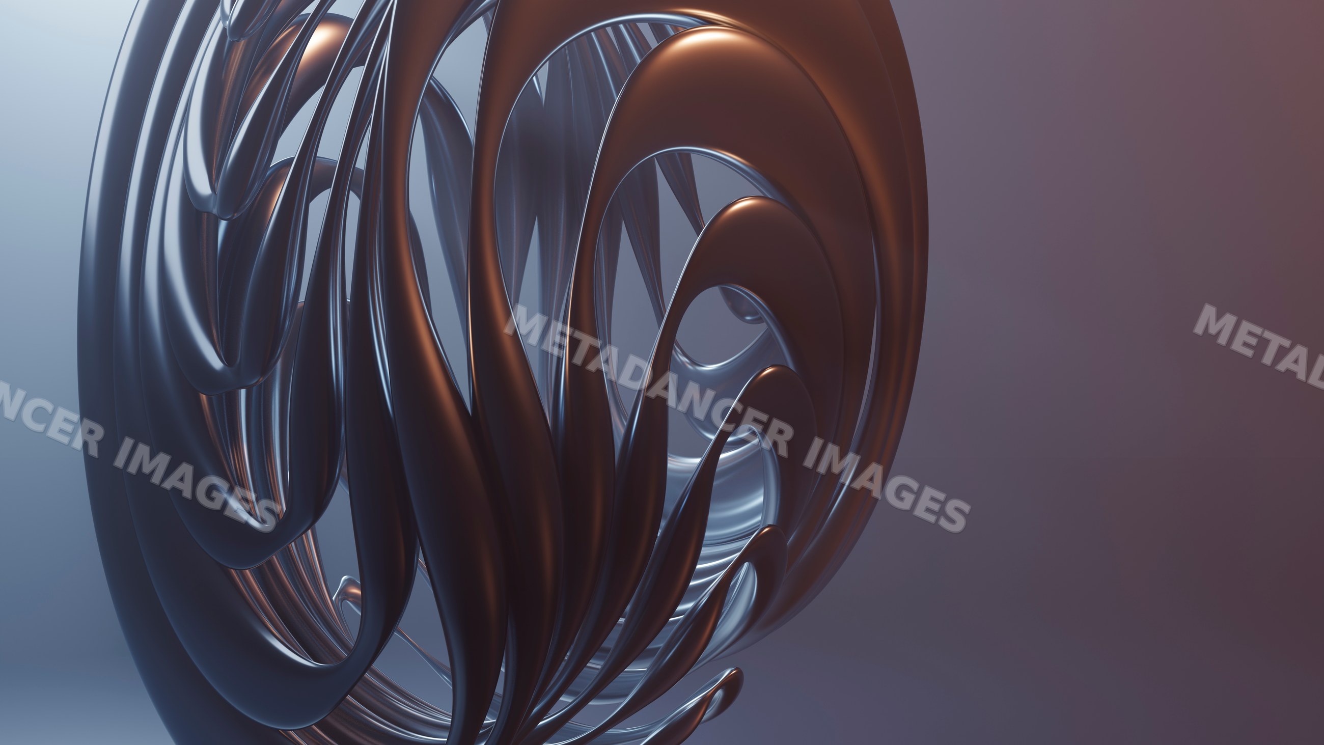 Abstract digital sculpture with twisted metallic loops and smooth