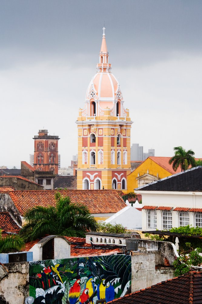 Cartagena cathedral tower and colorful rooftops