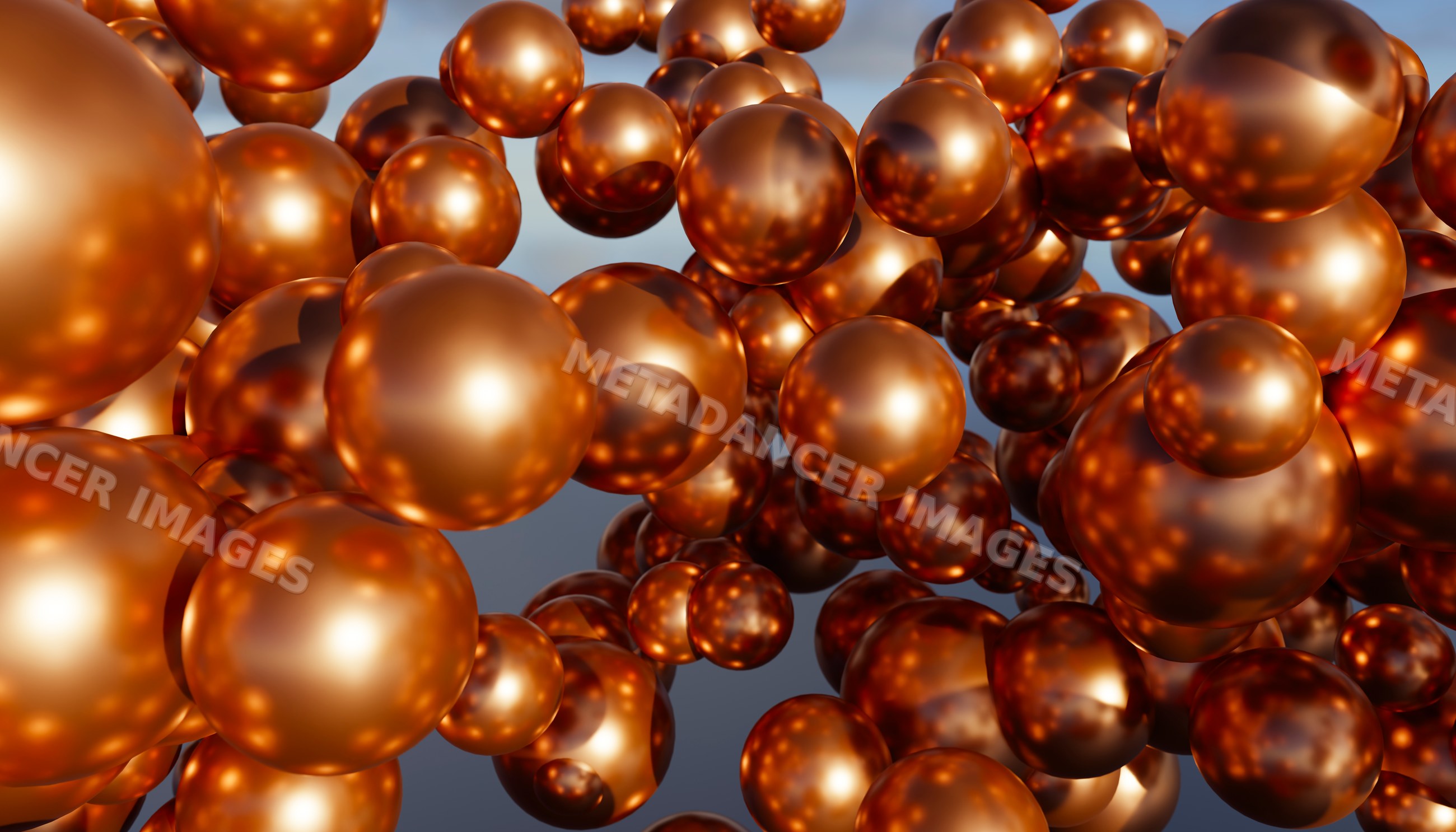 Shiny copper-colored metallic spheres floating in an abstract cluster