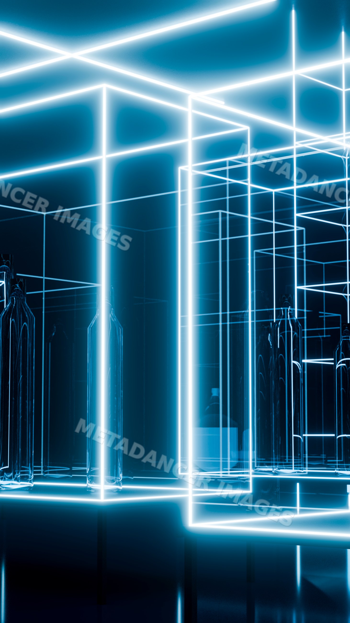 Glass bottles in glowing neon light cubes in abstract art installation