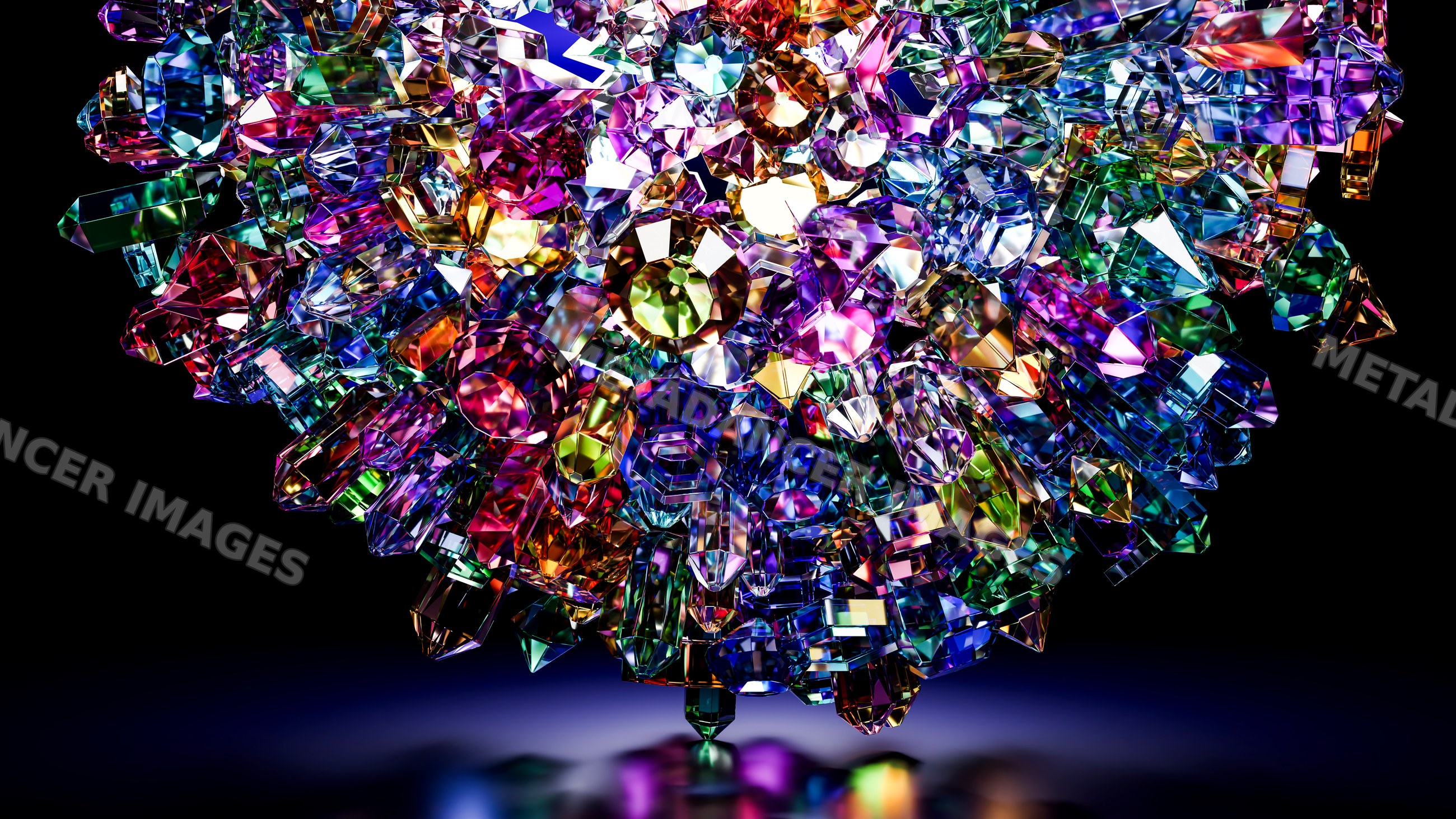 Colorful faceted crystal cluster with prismatic reflections digital