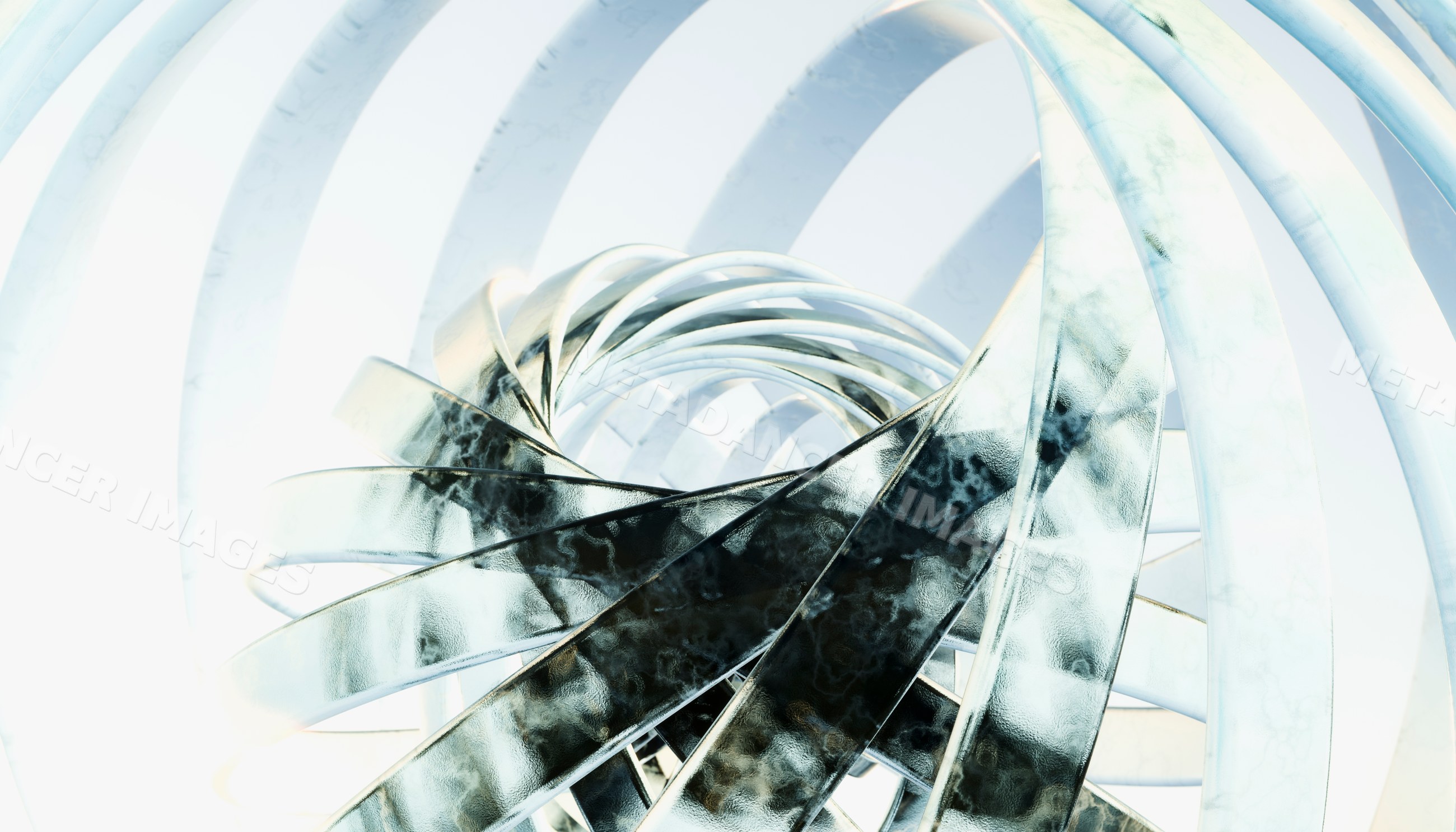 Digital rendering of abstract twisting loops with glass and metallic
