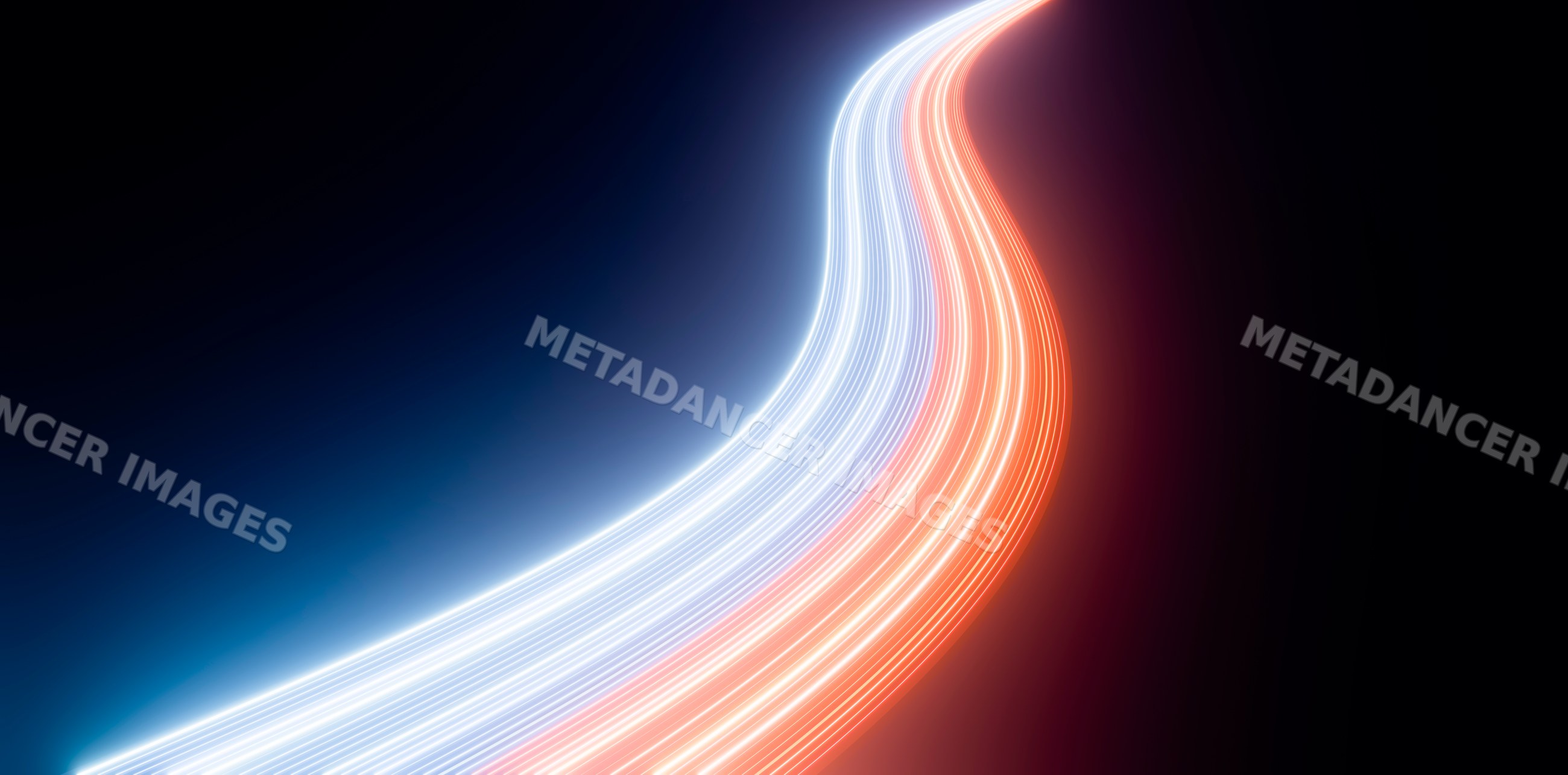 Curved blue and red light trails on dark background