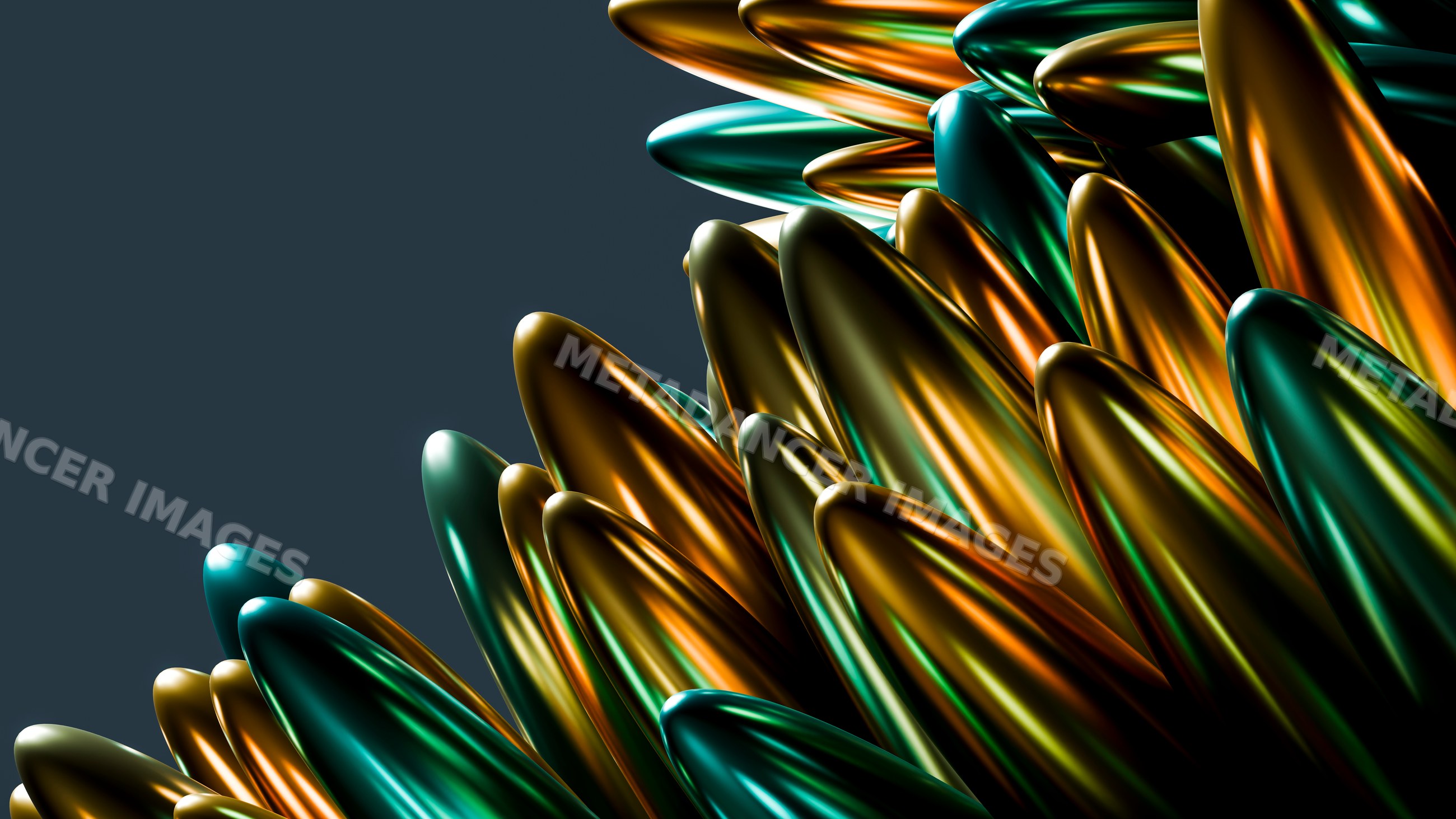 Abstract metallic sculpture featuring curved green and gold shapes