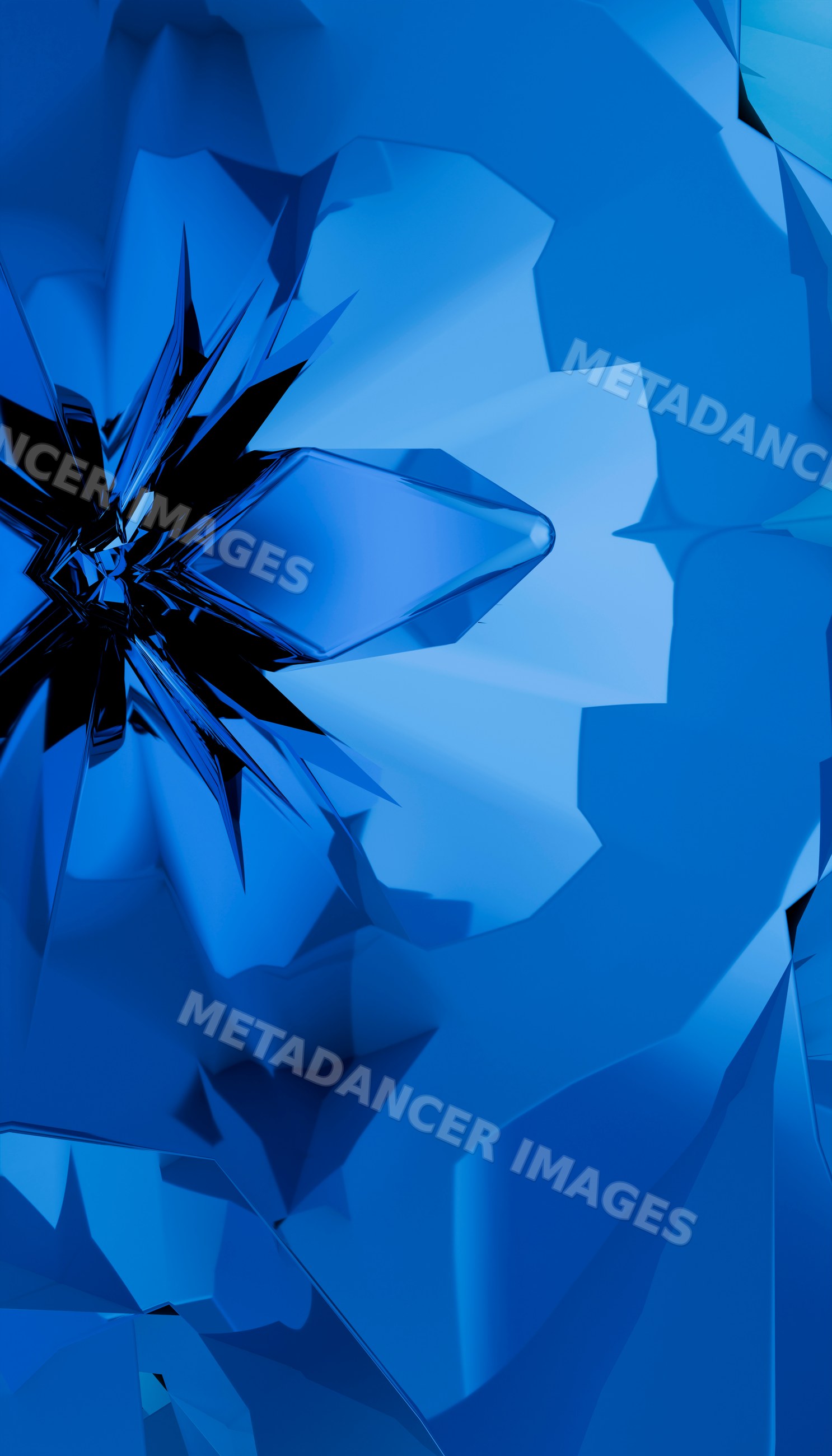 Abstract 3d render of faceted blue geometric crystal shapes