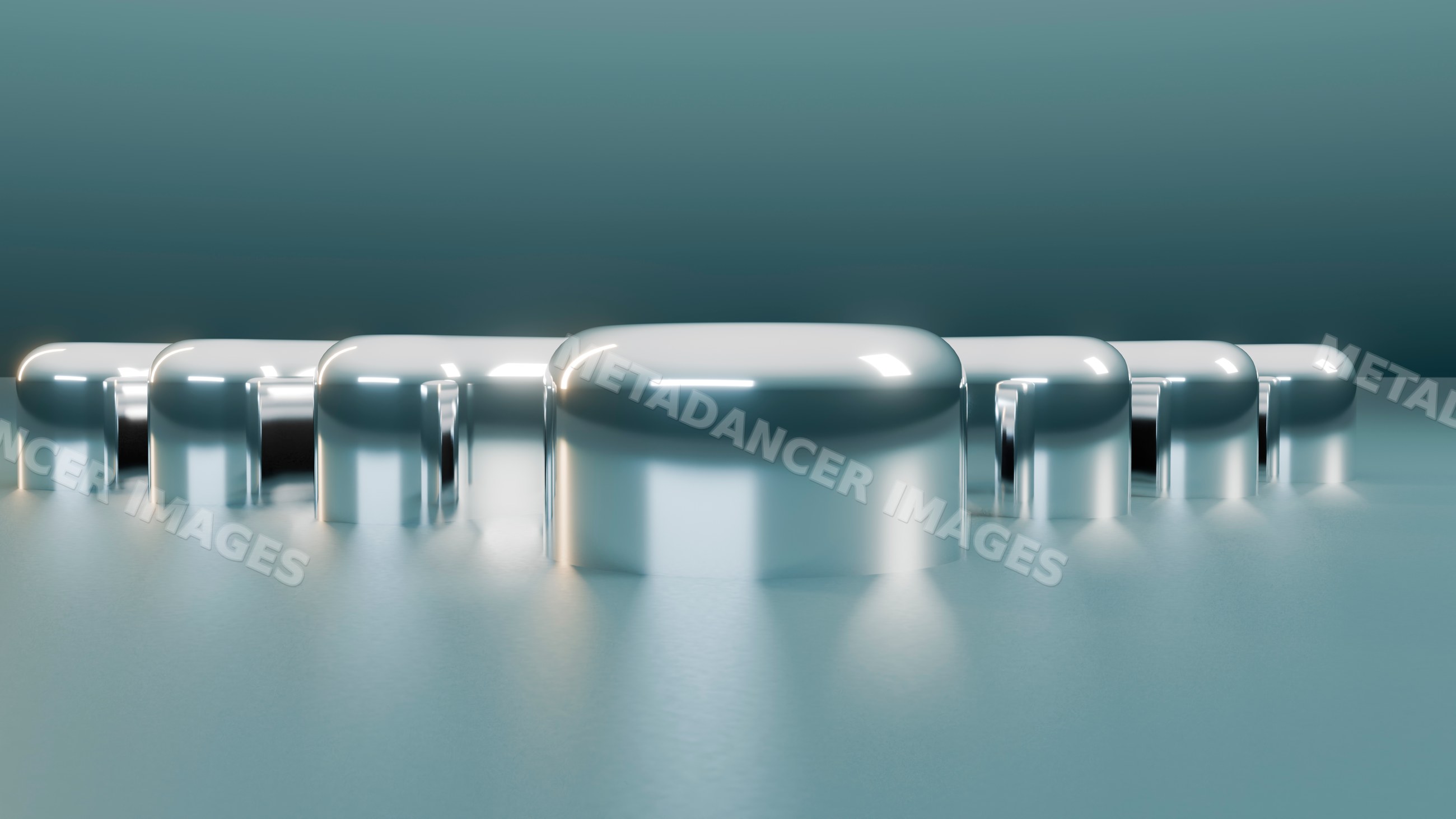 Abstract line of metallic capsules on a reflective surface