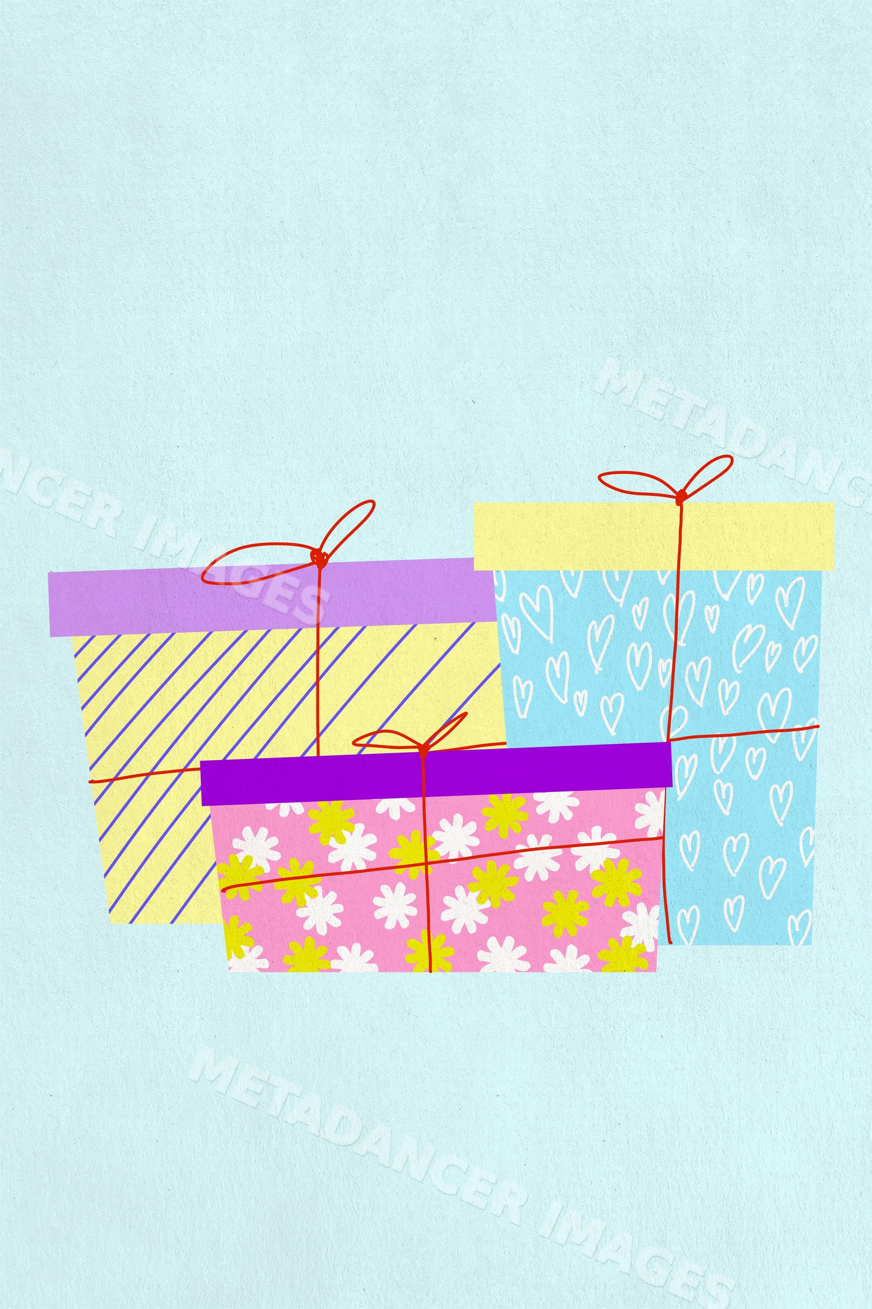 Illustration of three colorful wrapped gift boxes with decorative