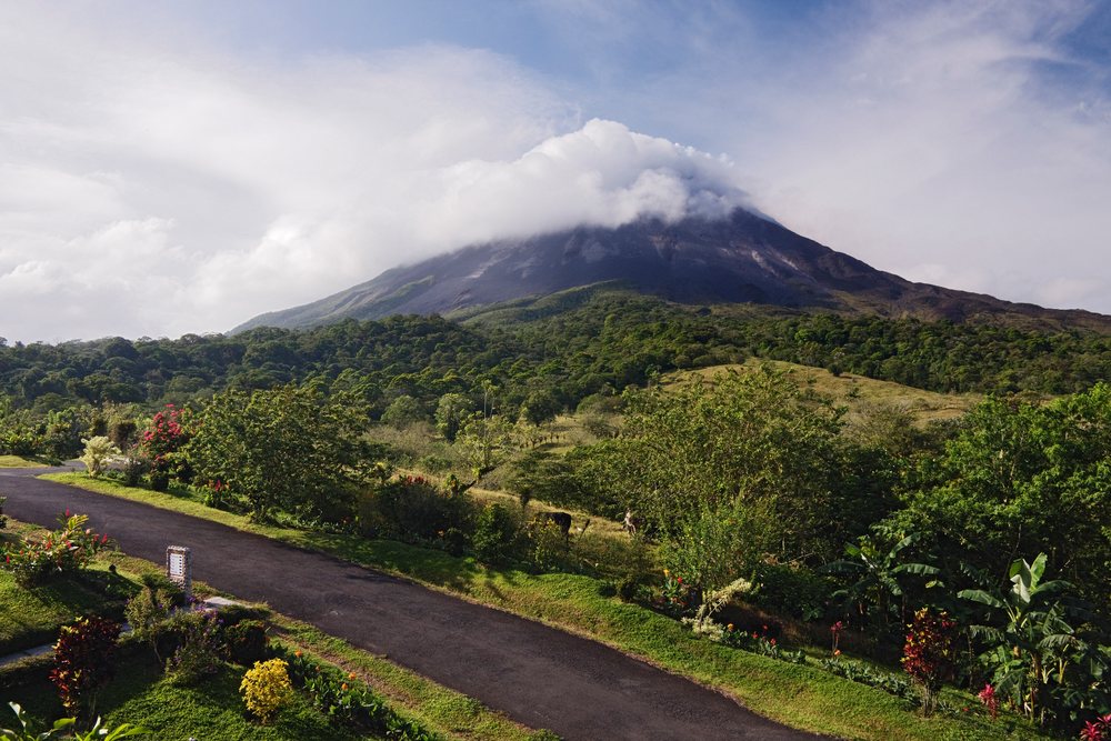 Arenal volcano rising behind green forest with road and flowers