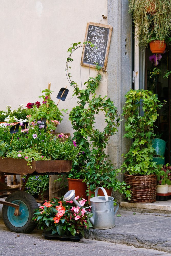 Flower shop exterior with blooming plants and garden tools italy
